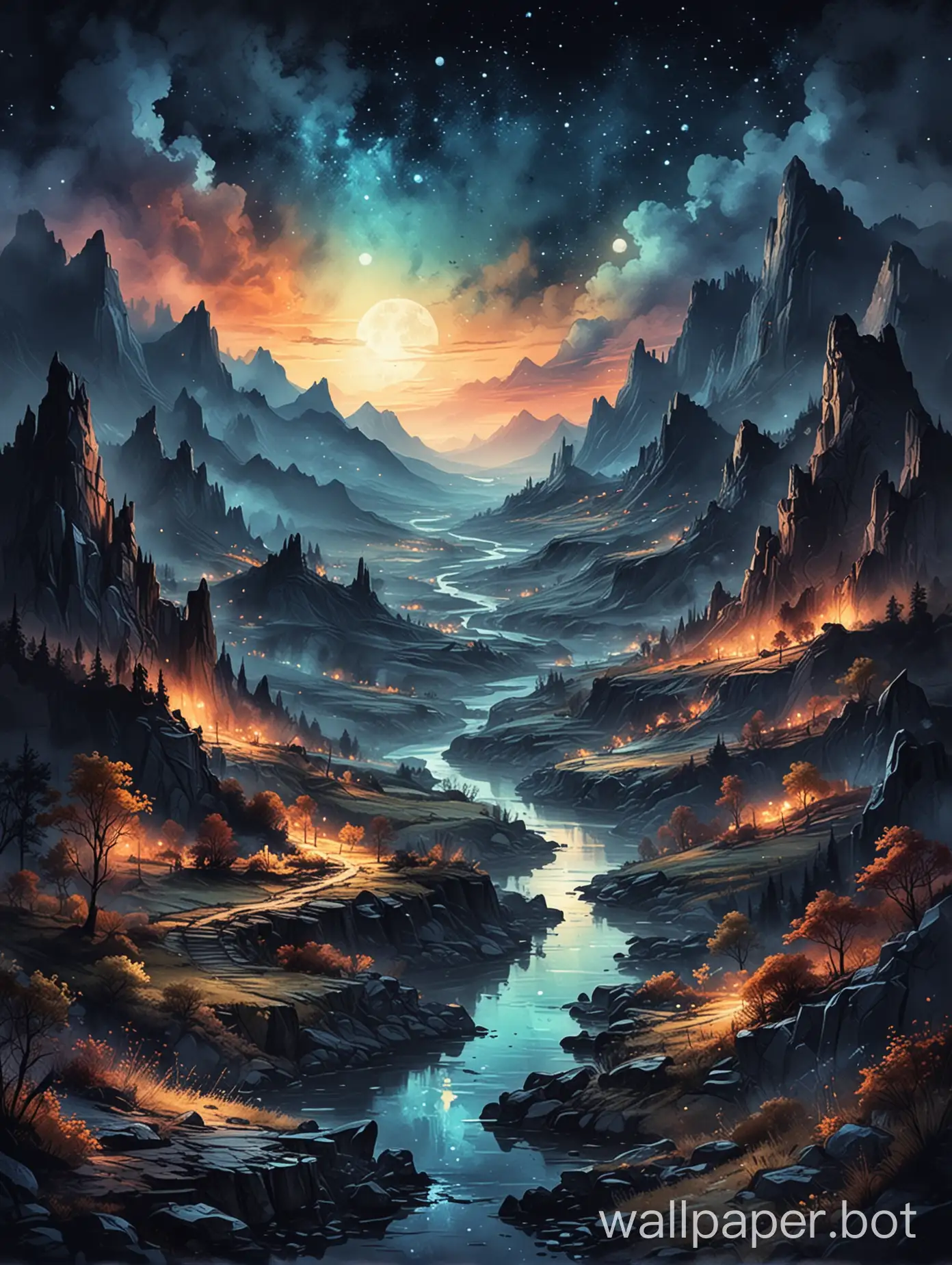 Fantasy-Night-Landscape-Waterpaint-Style-Valley-Scene