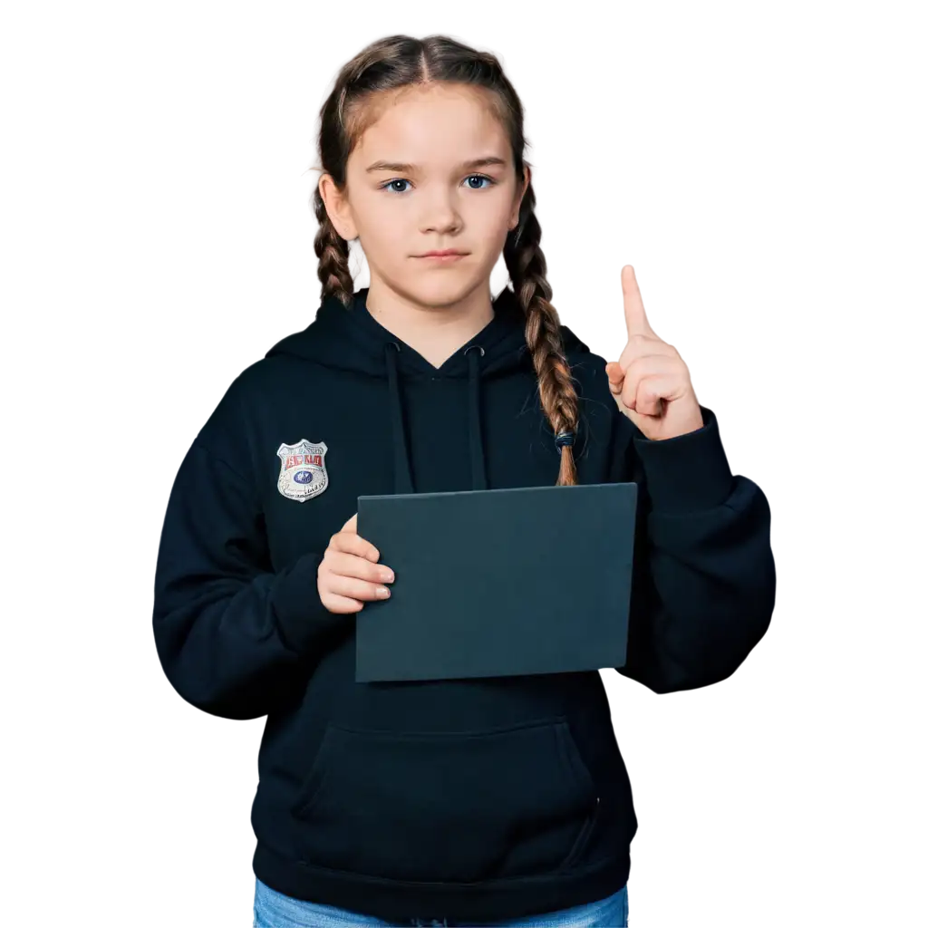 12-year-old girl in a black hoodie with a badge. Her hair is braided into 2 pigtails. She is holding a large notebook in such a way as to show it to someone else
