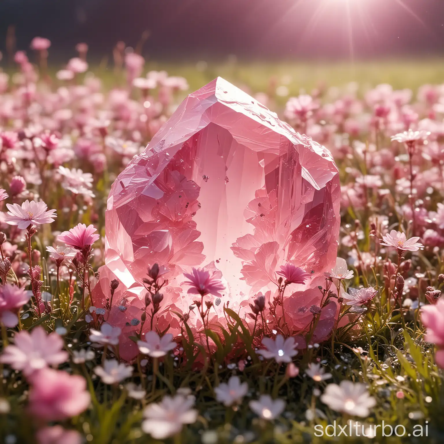 beautiful pink quartz and crystals emerging from flowery meadow, bright atmosphere, high precision