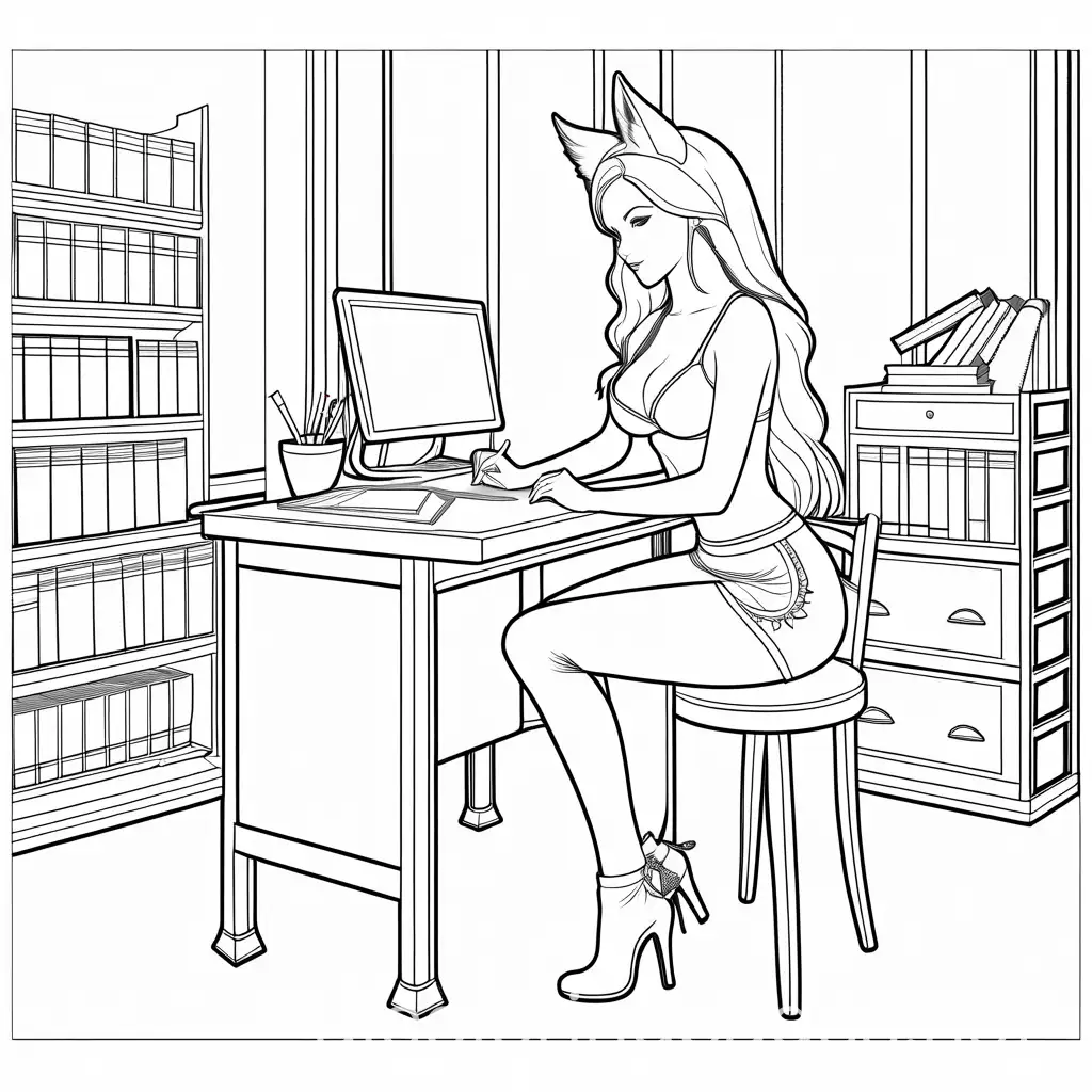 White-Girl-in-Punk-Skirt-and-Wolf-Accessories-at-Desk-in-Classroom-Coloring-Page