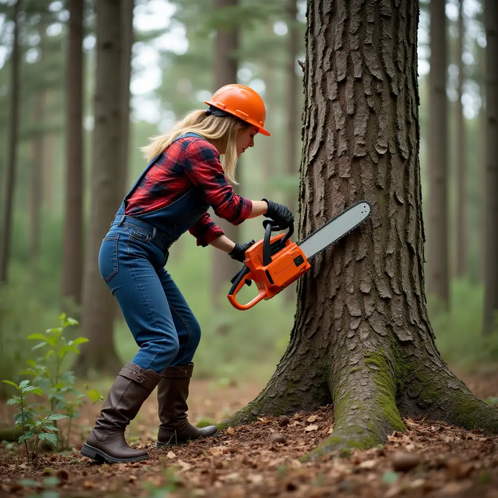 woman with blonde hair blue overalls plaid red shirt heavy brown boots felling a big tree in forest with a large orange chainsaw