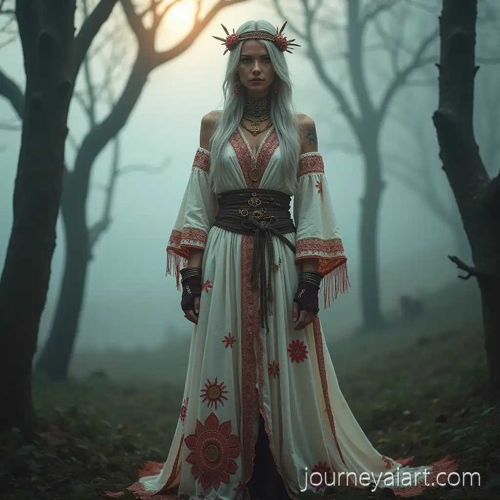 Mystical-Woman-in-Ancient-Slavic-and-Futuristic-Boho-Tribal-Fashion-in-Foggy-Forest-at-Dawn