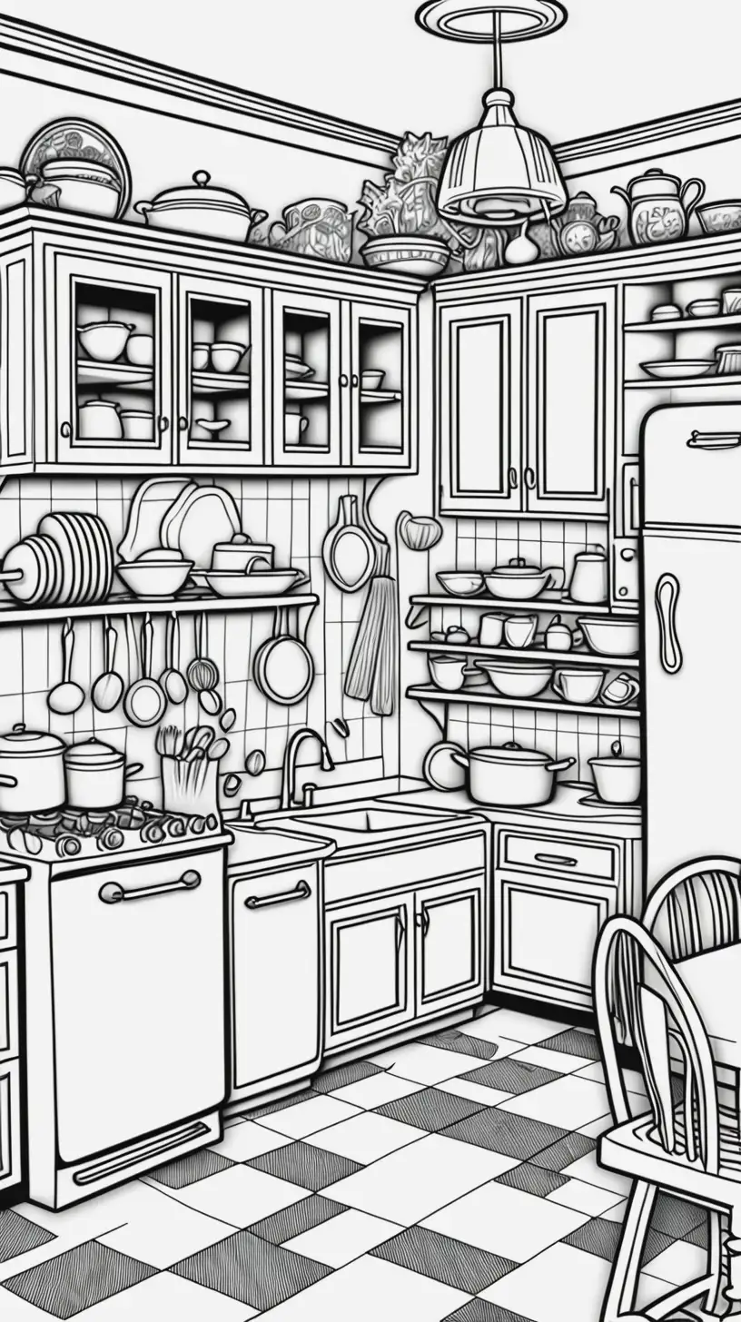 Adult Coloring Page of a Retro Kitchen in Cottage Core Style