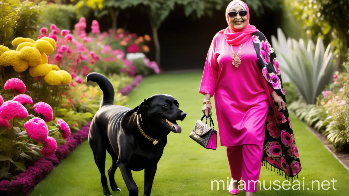 Elderly Muslim Woman Walking with Black Dog in Garden at Dusk