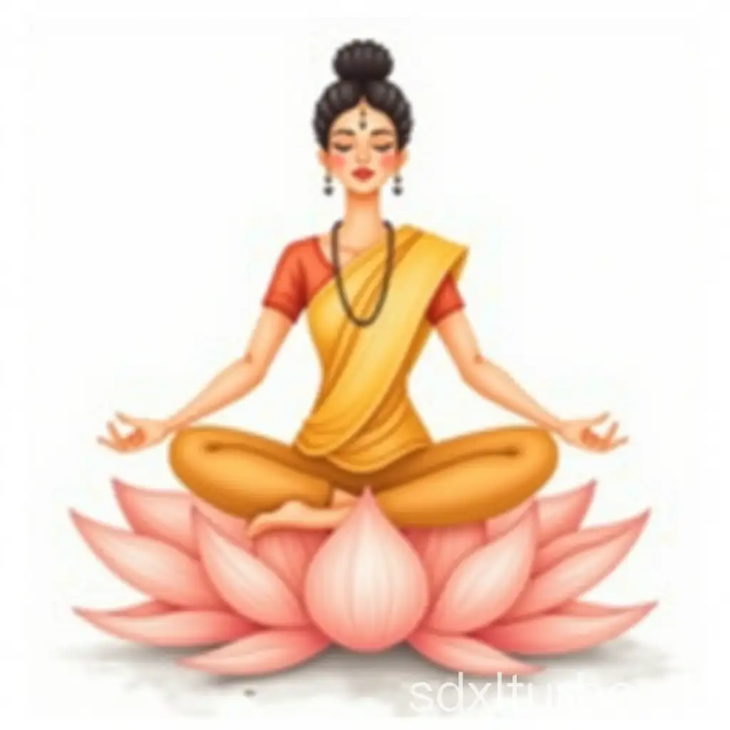 A good looking Indian lady wearing plain saffron color sari doing yoga sitting on a large lotus flower, water color style painting. Soft color. White background