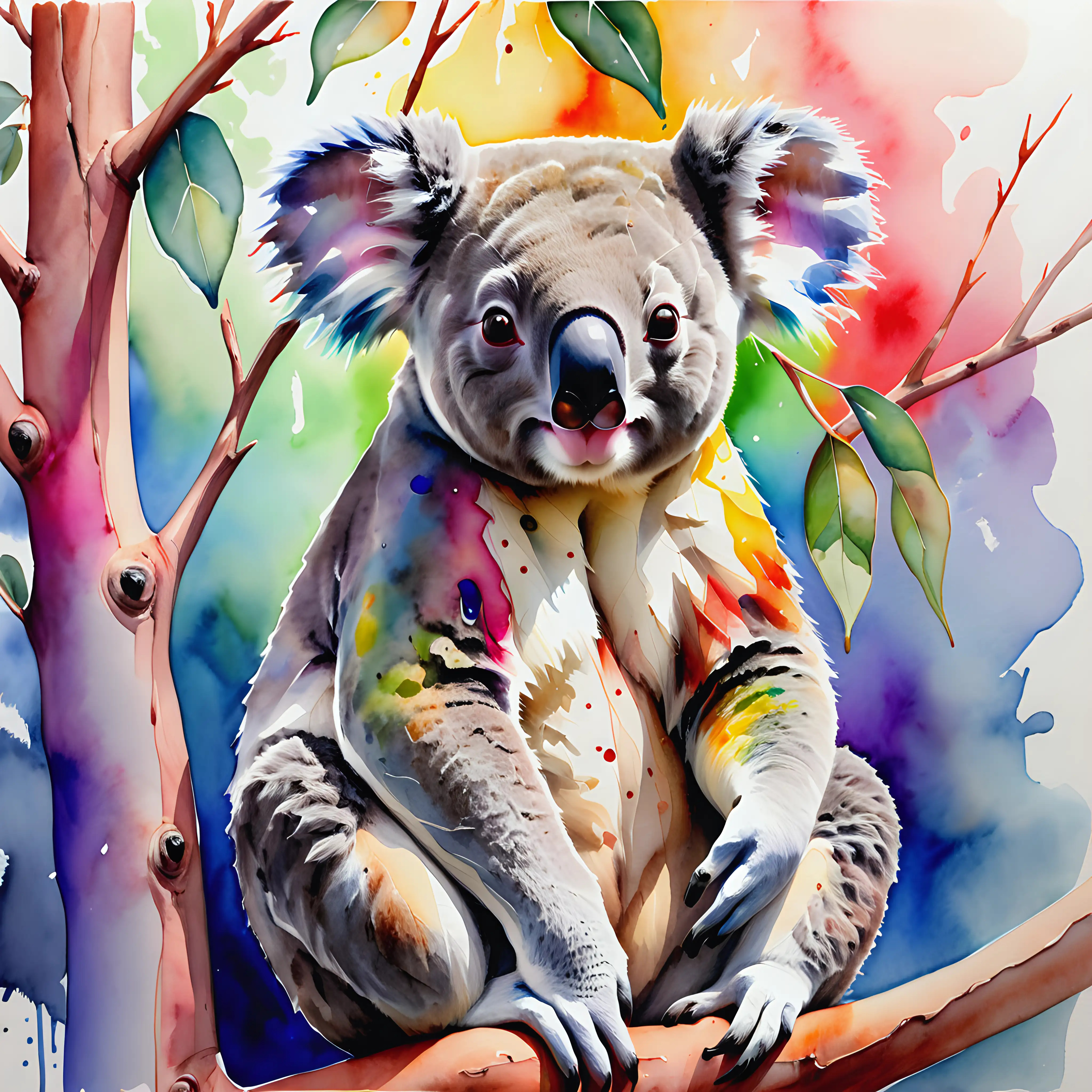 Koala Sitting in a Gum Tree with Vibrant Rainbow Colors