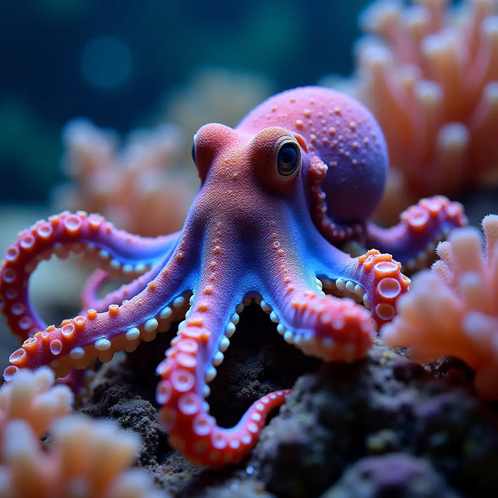 octopus in colorful camouflage hides among corals