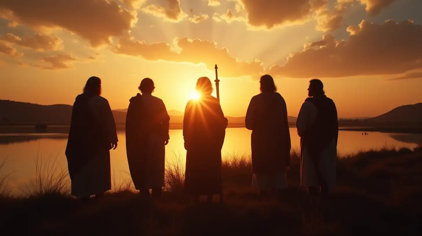 Silhouetted Men by the Lake under a Magnificent Biblical Sky