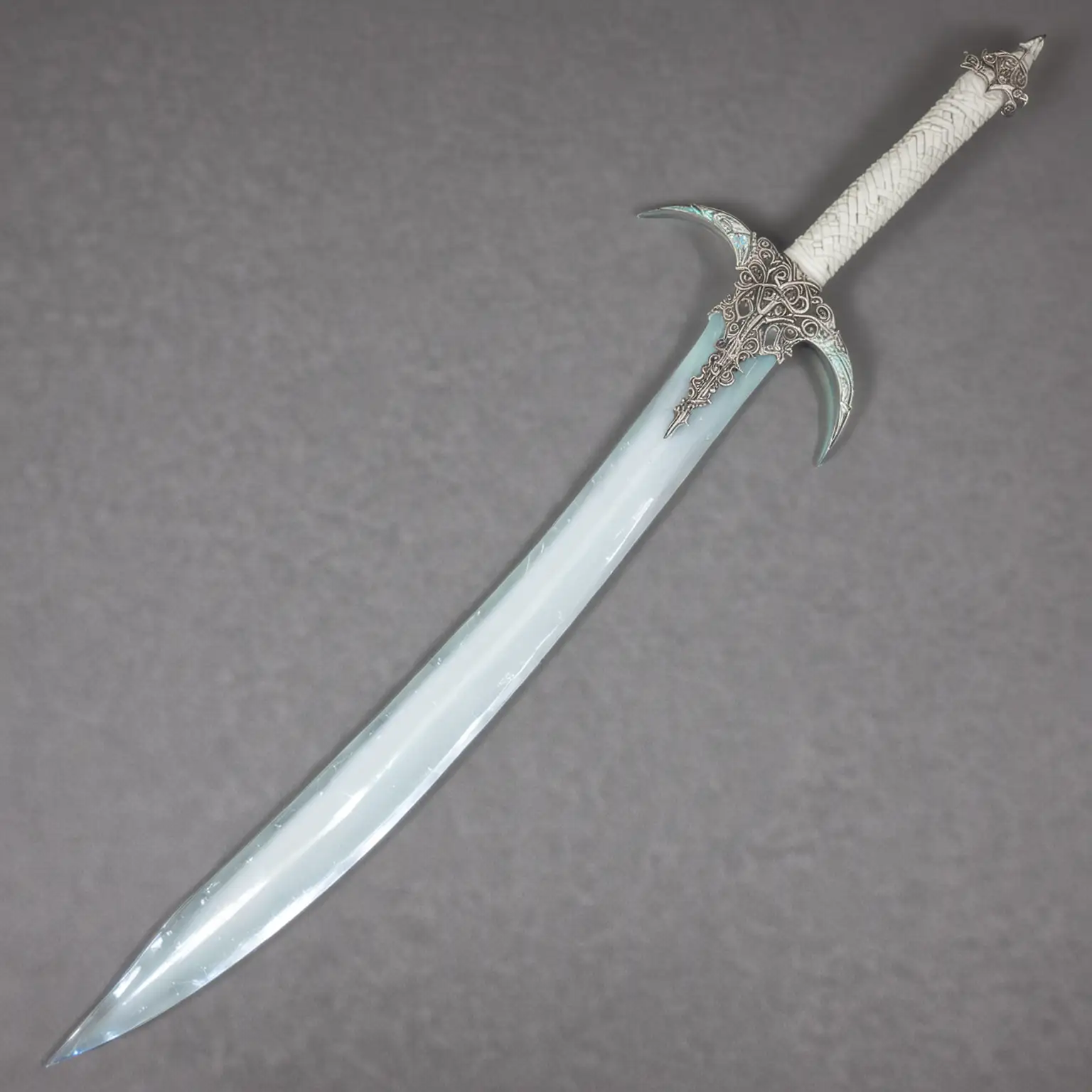 Elegant Elven Sword with White Iridescent Glass Blade and Silver Accents