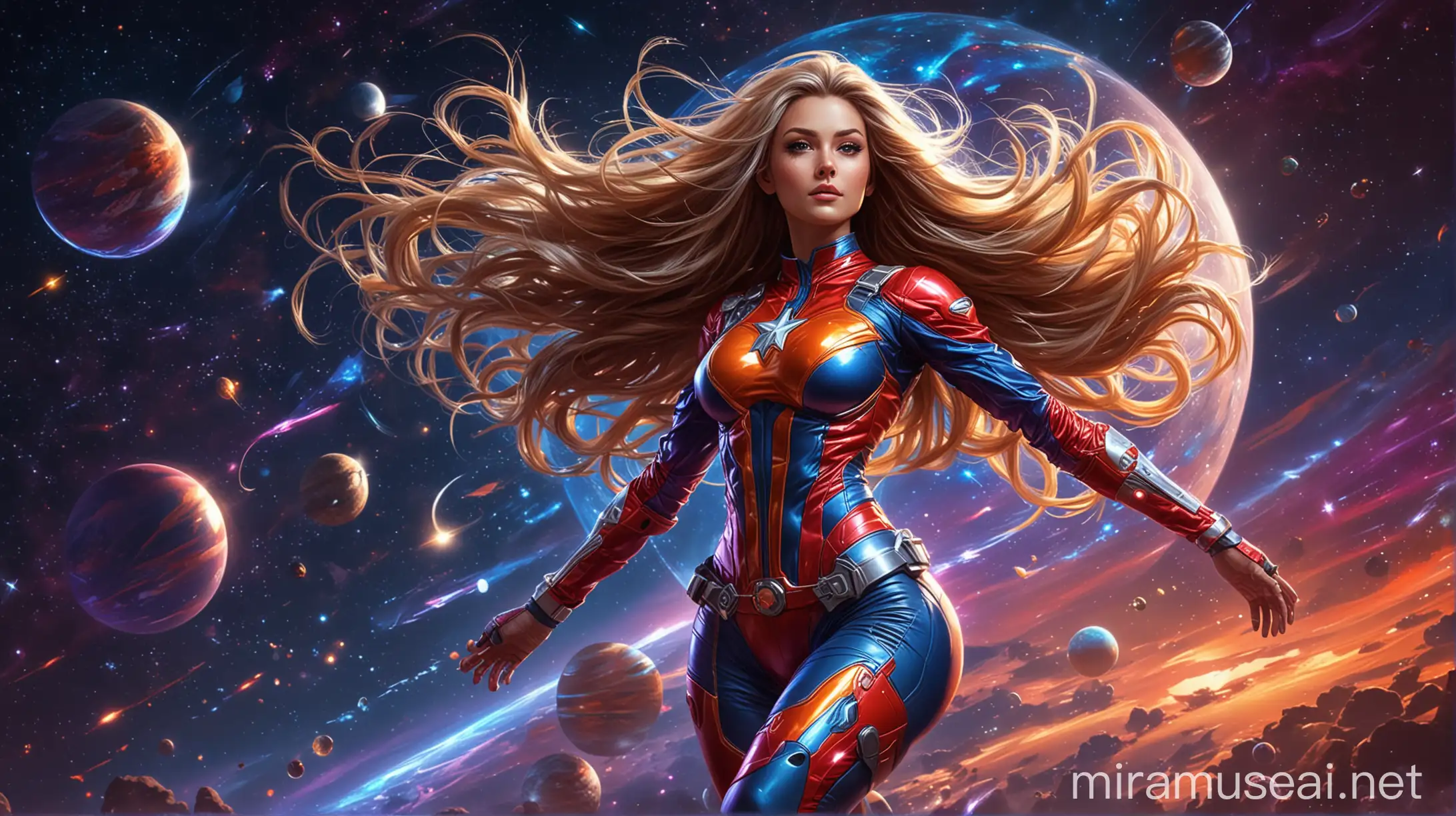 Fit Russian Superhero Woman in Futuristic Spacesuit Under Colorful Night Sky