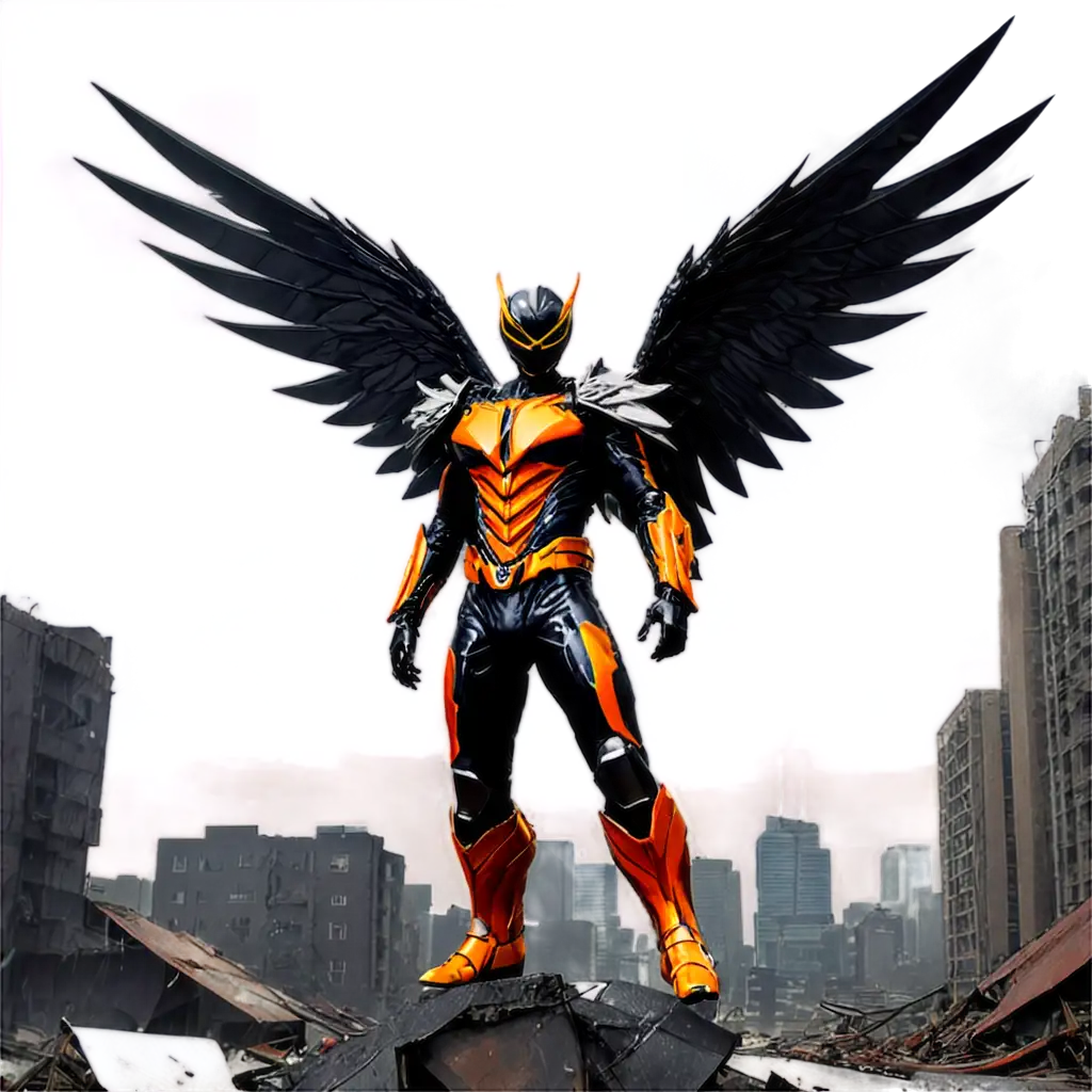 Heroic-Kamen-RiderInspired-Superhero-PNG-with-Orange-Wings-Lightning-and-Futuristic-Design-in-a-Destroyed-City