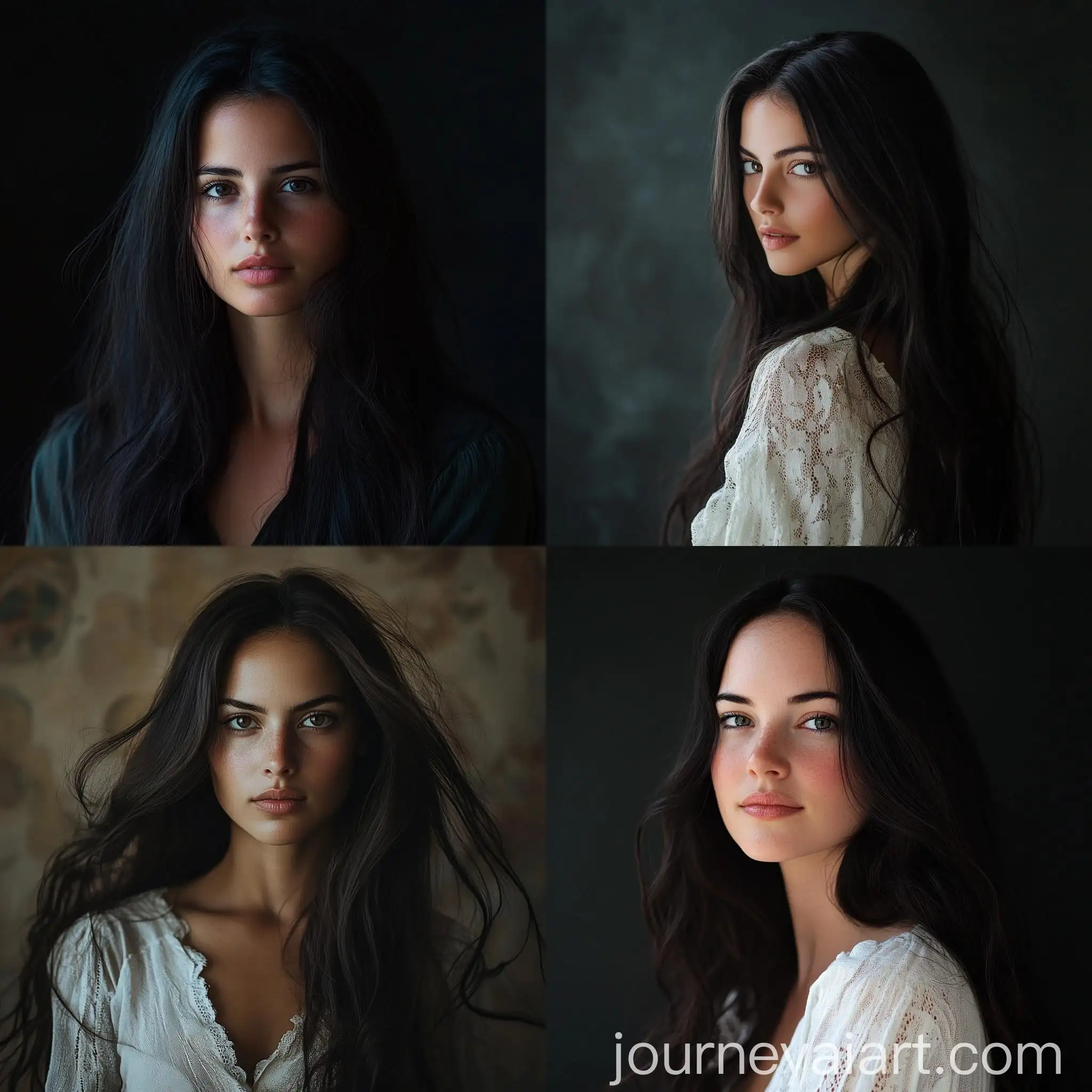 Portrait-of-a-Woman-with-Long-Dark-Hair-Facing-the-Viewer-in-a-Photo-Session