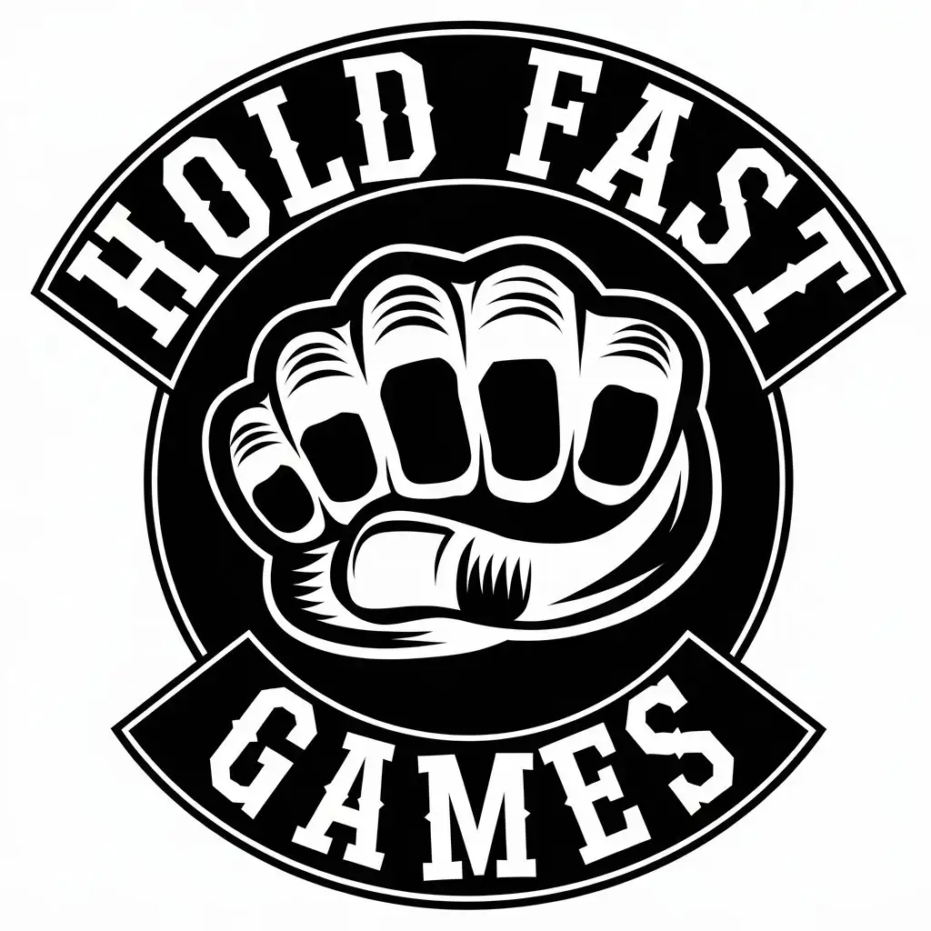 LOGO Design for Hold Fast Games Vector Logo with Knuckle Tattoo Symbol and Bold Text