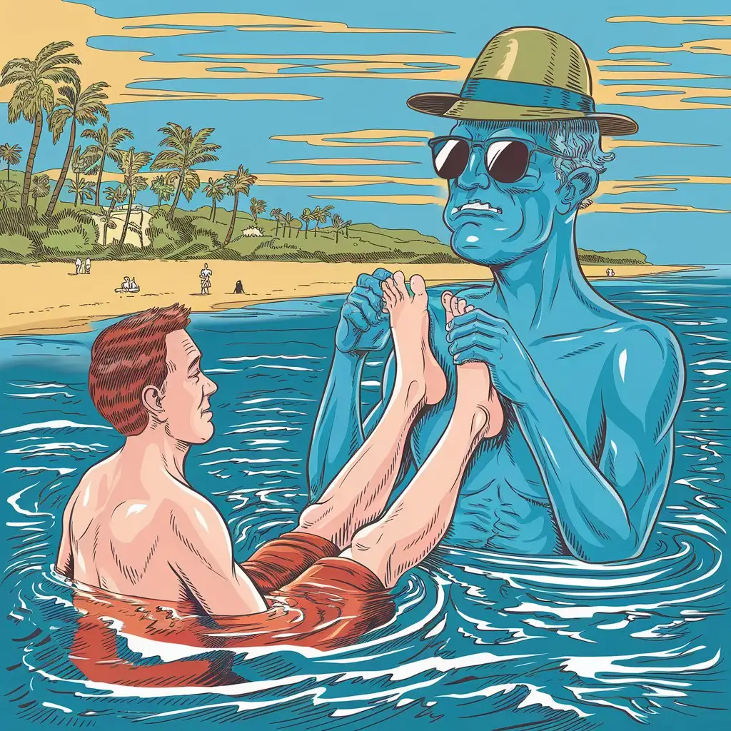 Here is Tolya putting his feet in the sea And the sea smells the taste of socks, And shudders at the thought of the taste of everything about Anatoly. Beautiful complex color illustration in humorous styles in the form of a caricature, surrealism, clear contours, smooth textures, detailed description