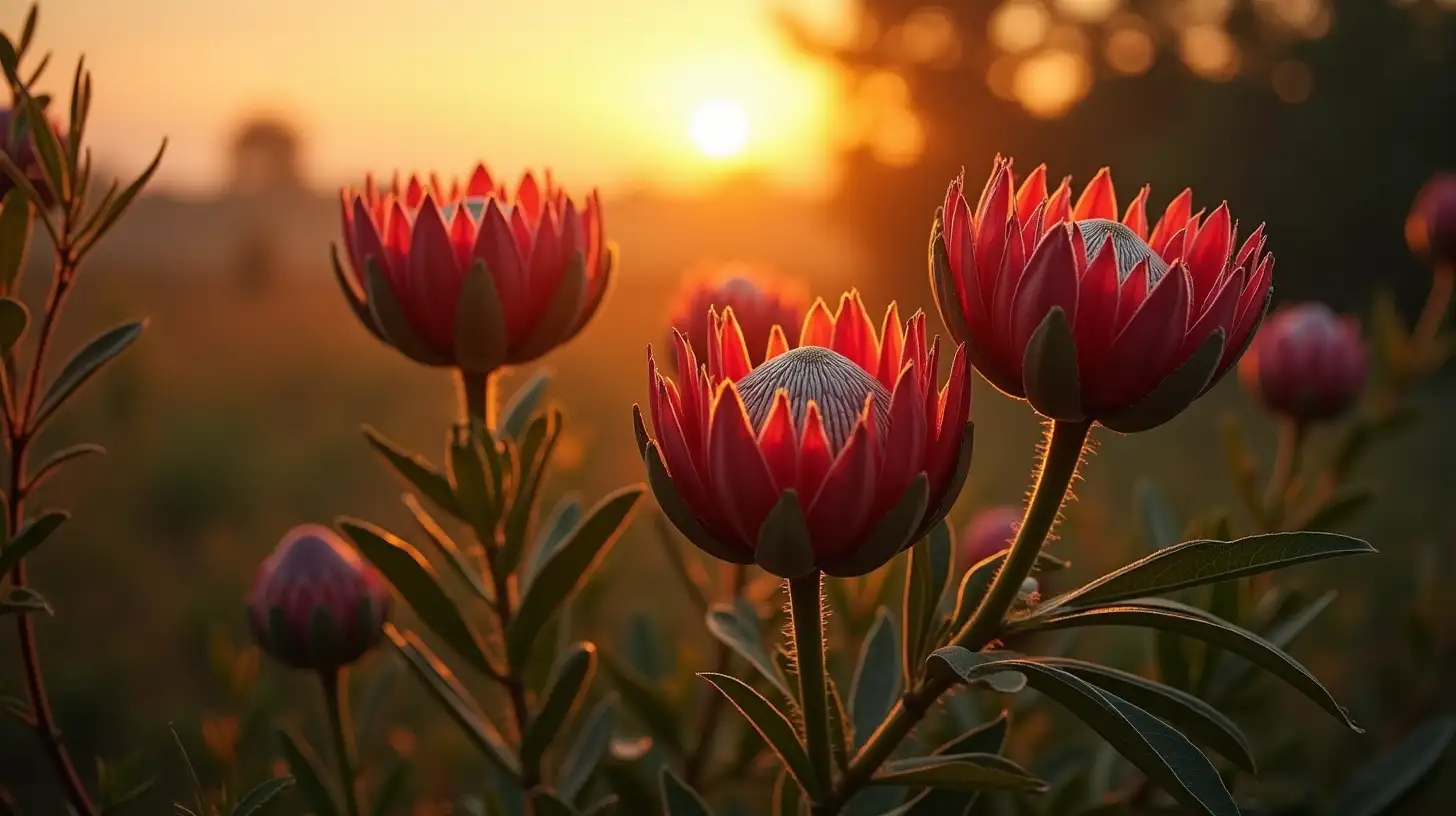 Sunset Overgrown Garden Featuring Three Protea Cynaroides