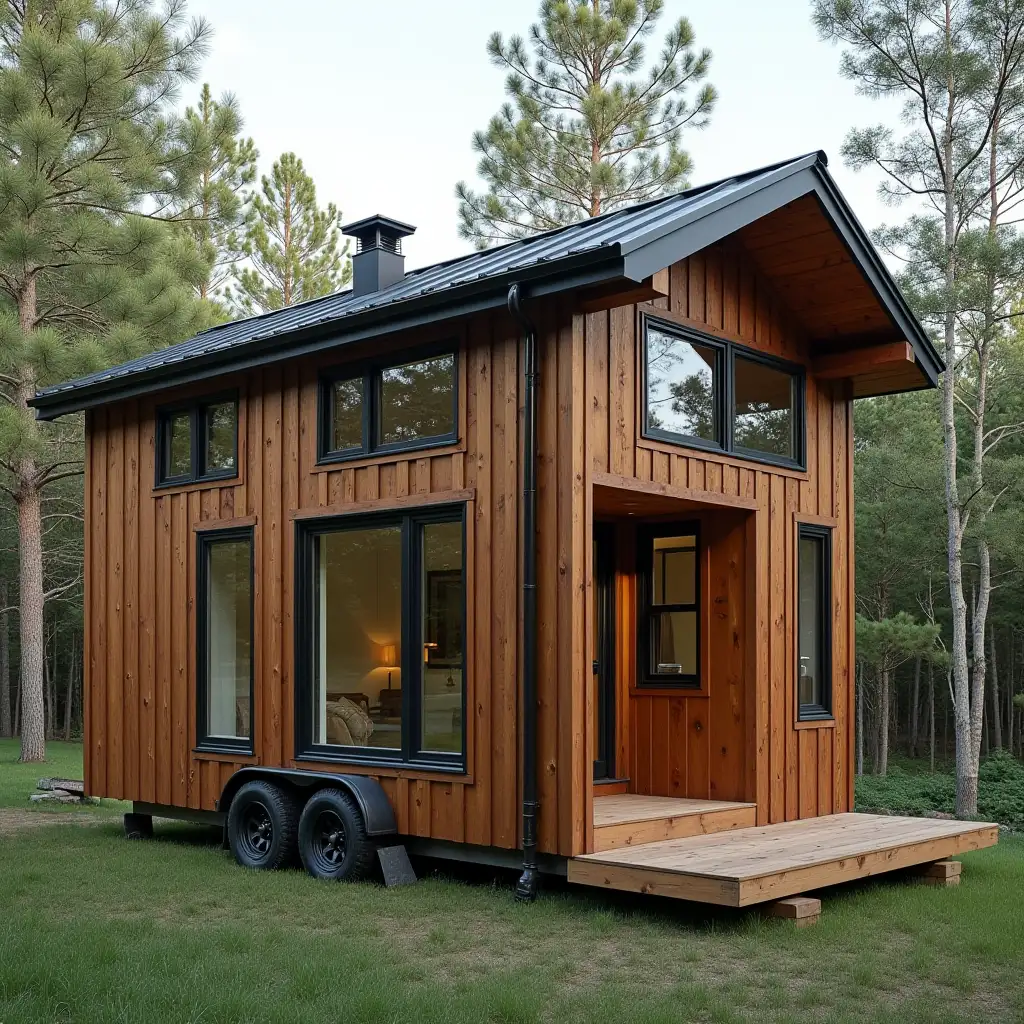 Tiny-House-with-Wooden-and-Trapeze-Metal-Design-and-Large-Front-Windows