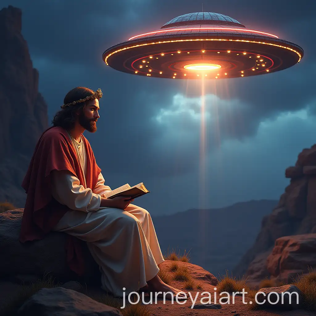 Jesus-Sitting-Next-to-a-UFO-in-a-BibleInspired-Colorful-Environment