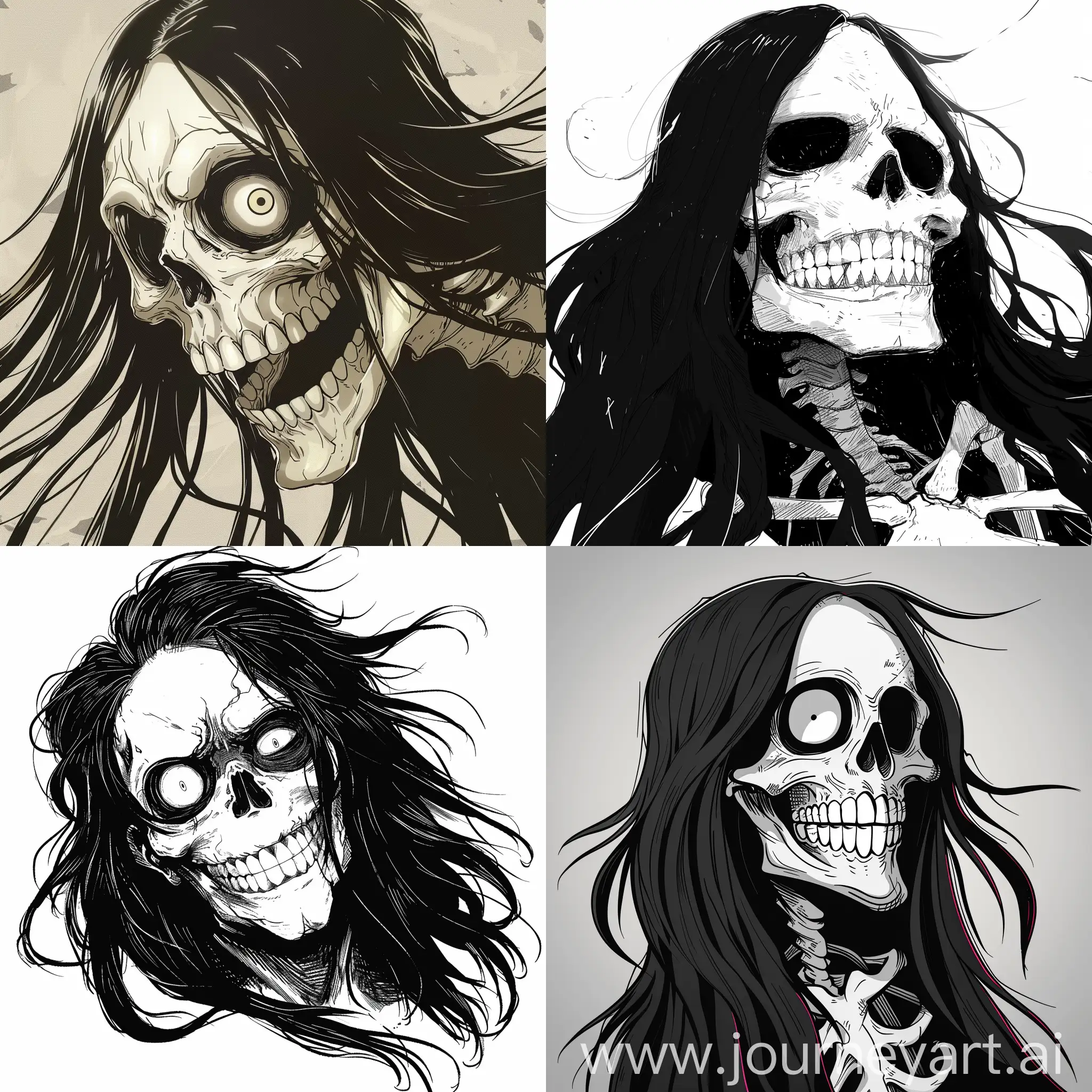 Cheerful-Roger-Skull-with-Long-Black-Hair-and-Vampire-Fangs-in-One-Piece-Style