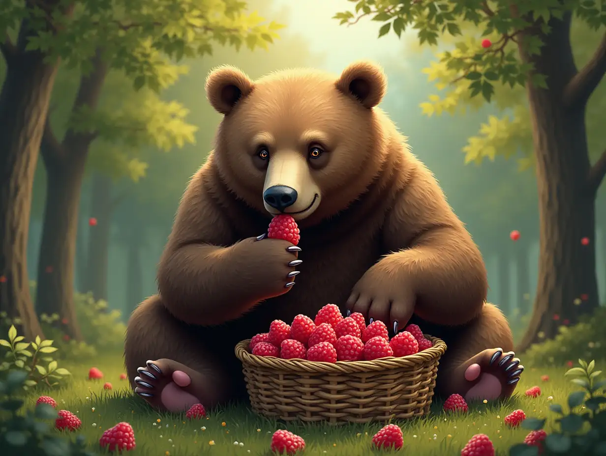 a huge bulky bear eats a raspberry with its paw from a beautiful basket in front of a beautiful green forest in the style of Sergei Minayev