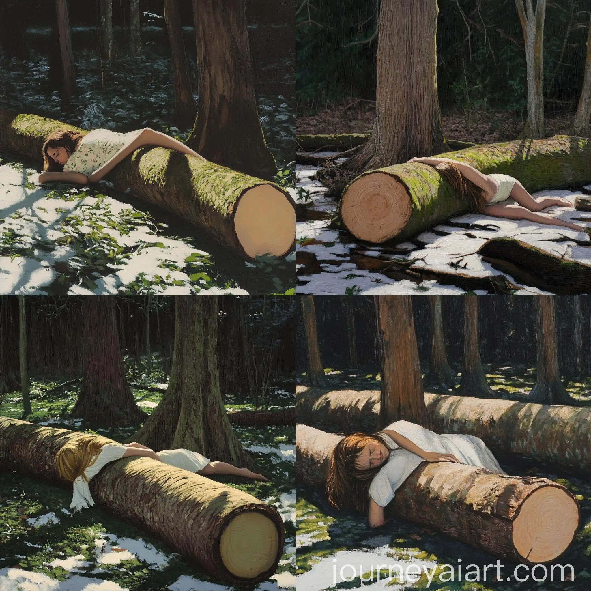 Girl-Lying-Crosswise-on-Fallen-Tree-in-Forest