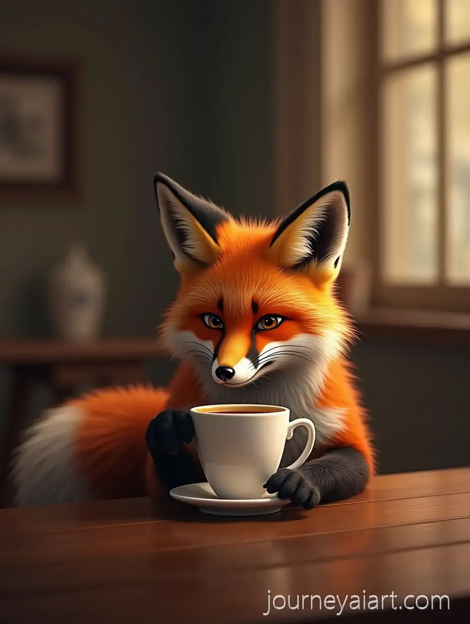 Fox-Drinking-Tea-in-a-Beautiful-Restaurant-by-the-SeFox-drinking-teaaside-with-a-Movie-on-the-TV