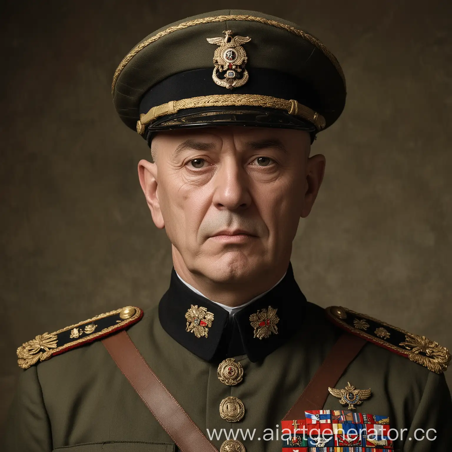 Portrait Age and appearance: A man aged about 50-60 years old, bald, with hard features. Facial expression: A stern, domineering expression that inspires fear and submission. Eyes: Penetrating, cold eyes Clothing: Dark colored military uniform Accessories: On the head there may be a cap with a high visor decorated with symbols of the fascist party. The dictator may hold a military baton or gloves in his hand. Setting: The background can be austere and gloomy, with elements of military paraphernalia such as flags, banners and busts of historical figures. Perhaps you can see a large table with maps and documents spread out on it