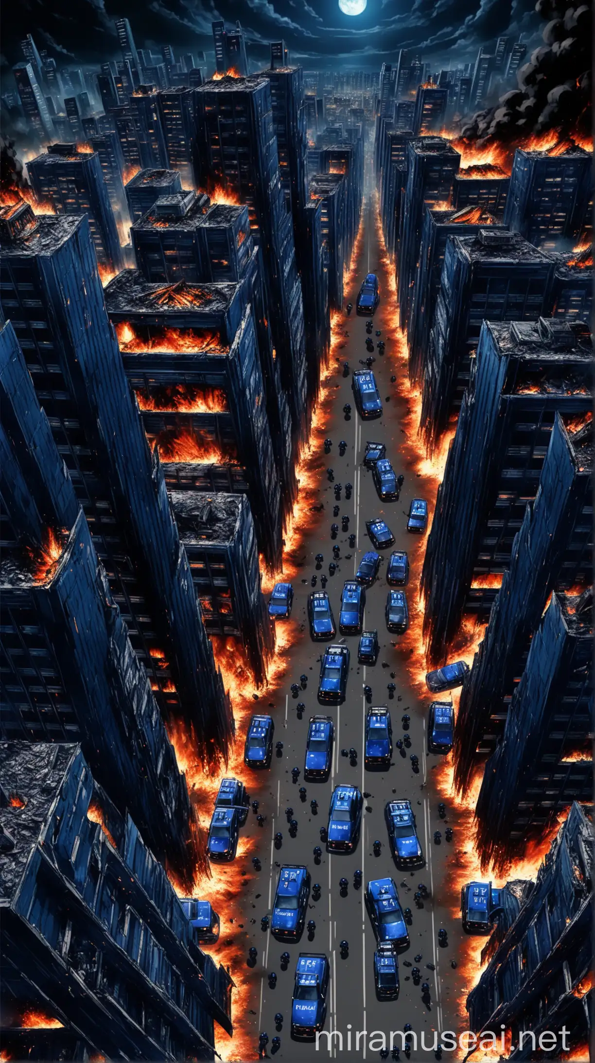 Futuristic Anime Scene of Police Cars Responding to a Blasted Building