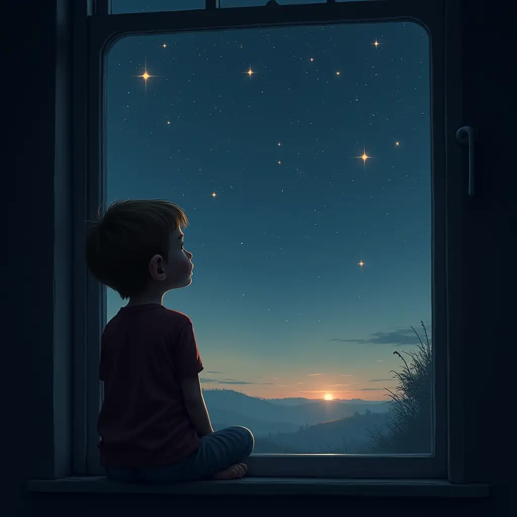 A hazy sky/many stars/ A boy looks at the many stars scattered in the hazy sky from the window, and a longing is felt within that sight