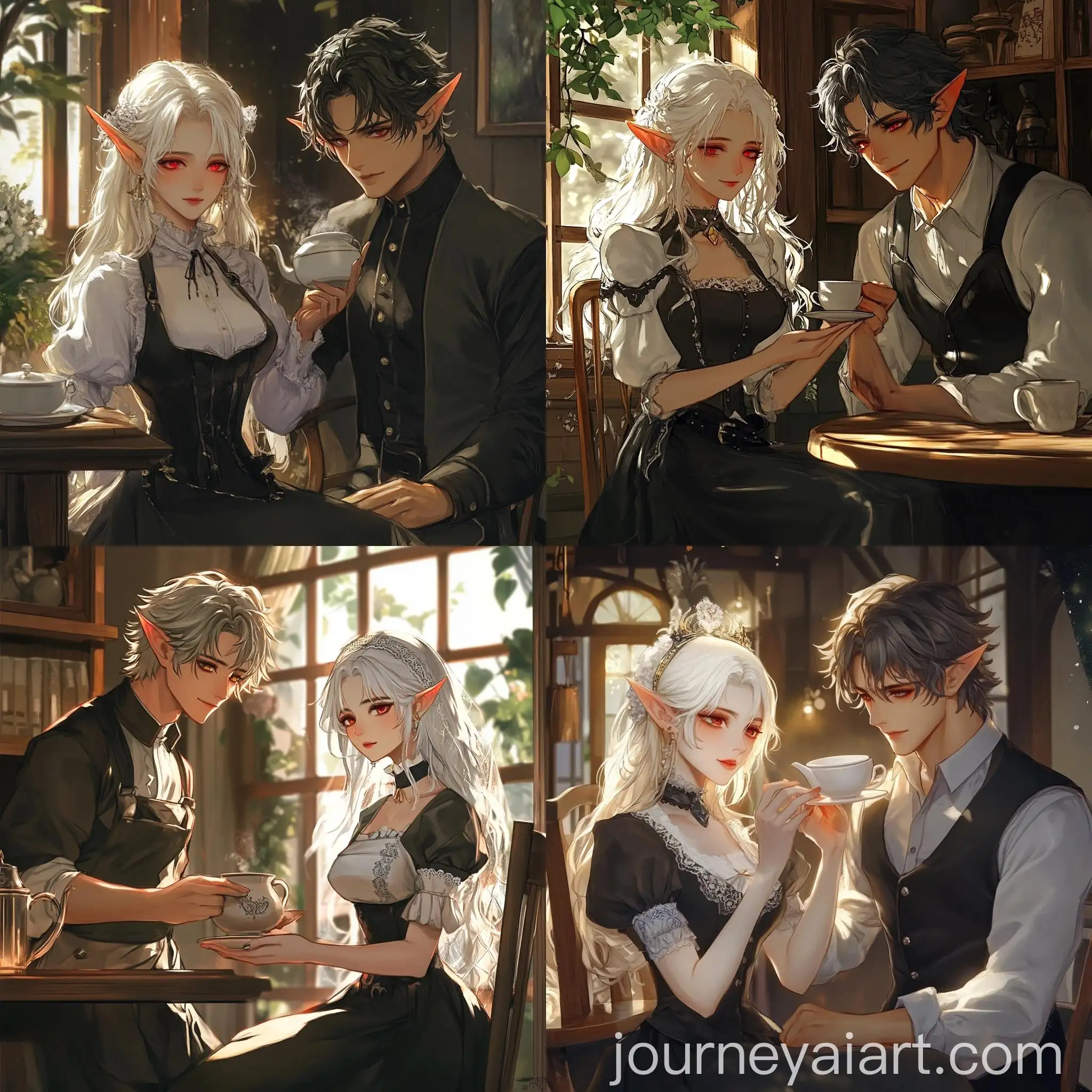 Elf-Maid-Serving-Tea-to-a-Man-in-Traditional-Wooden-Home