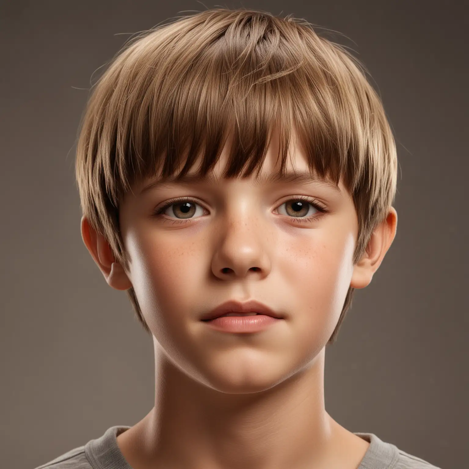 Hyper Realistic Portrait of Serene TenYearOld Boy with Light Brown Bowl Cut Hair