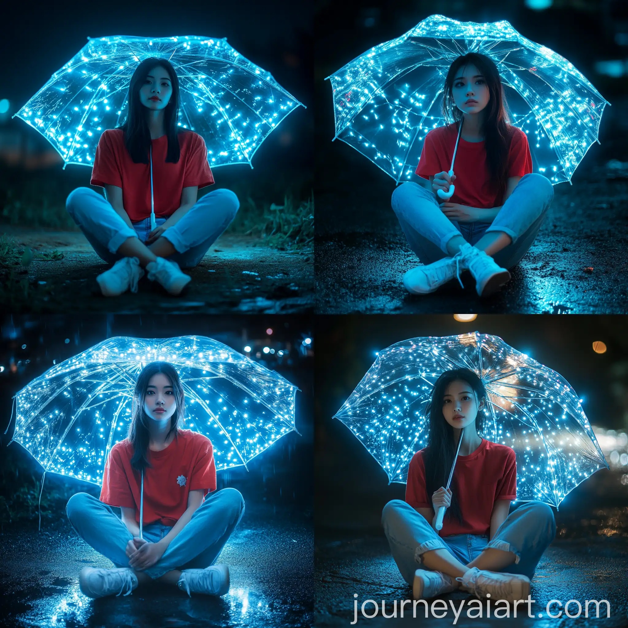 Serene-Asian-Woman-with-Transparent-Umbrella-and-Blue-Fairy-Lights-at-Night