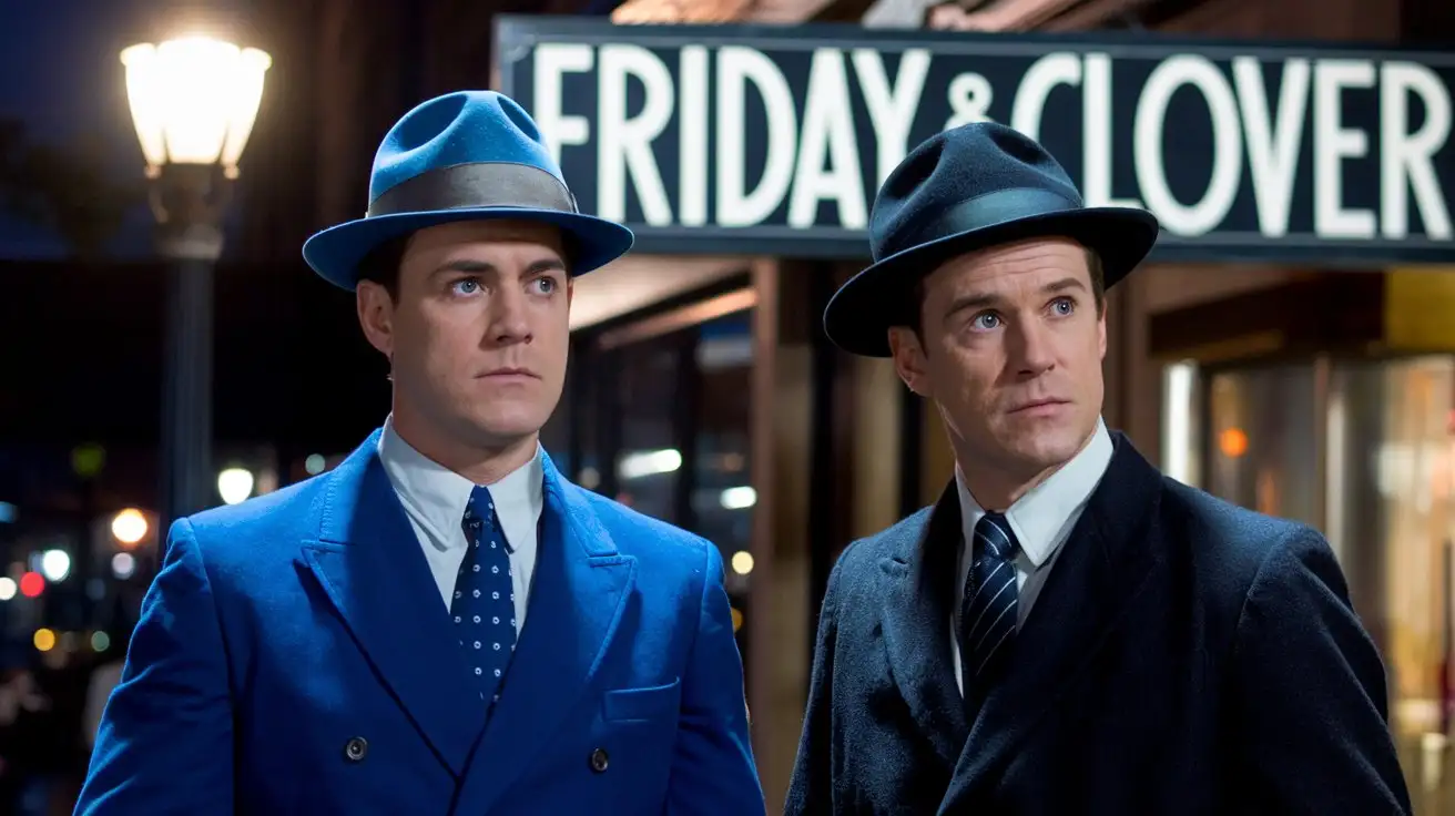 Friday & Clover in vintage lettering in front of a 1944 male detective in a blue suit and blue fedora standing next to a 1948 male detective in a black suit and black fedora, on a downtown city street at night under a street lamp. Full vibrant color, photo-realistic, cinematic lighting.