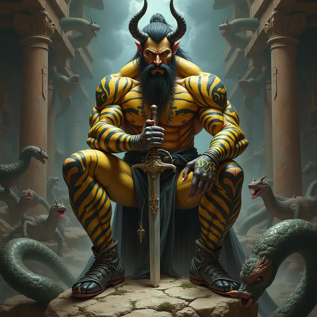 Ultradetailed hyperrealistic portrait of a black and yellow striped bodybuilder with horns and snake skin, with a sword on a rock in a palace with various strange creatures with intricately detailed, colorful