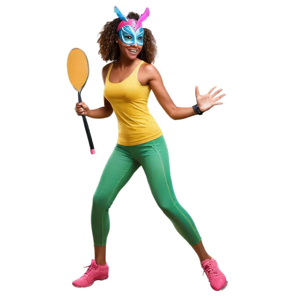 Dynamic-PNG-Image-of-a-Young-Woman-Playing-Squash-with-a-Colorful-Carnival-Mask