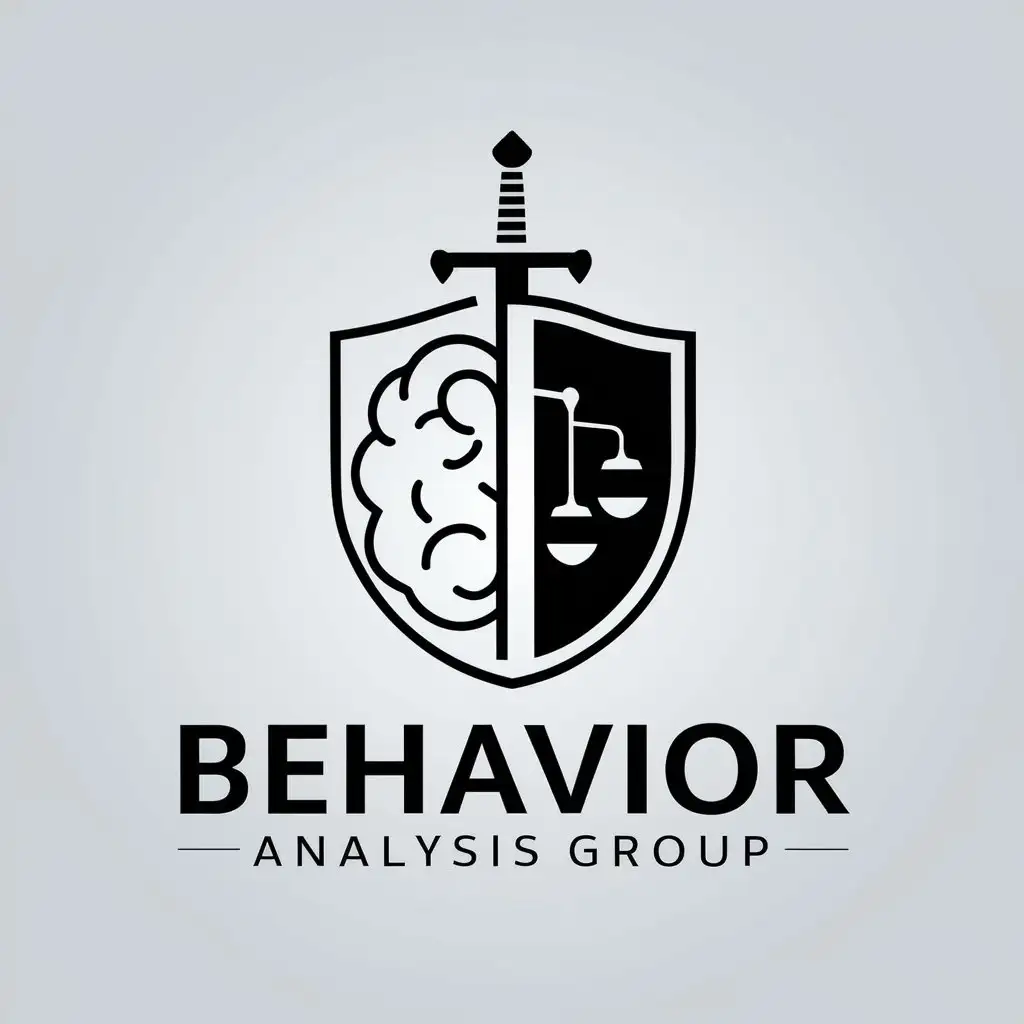 a vector logo design,with the text "Behavior analysis group", main symbol:Brain, shield and sword,complex,be used in Legal industry,clear background