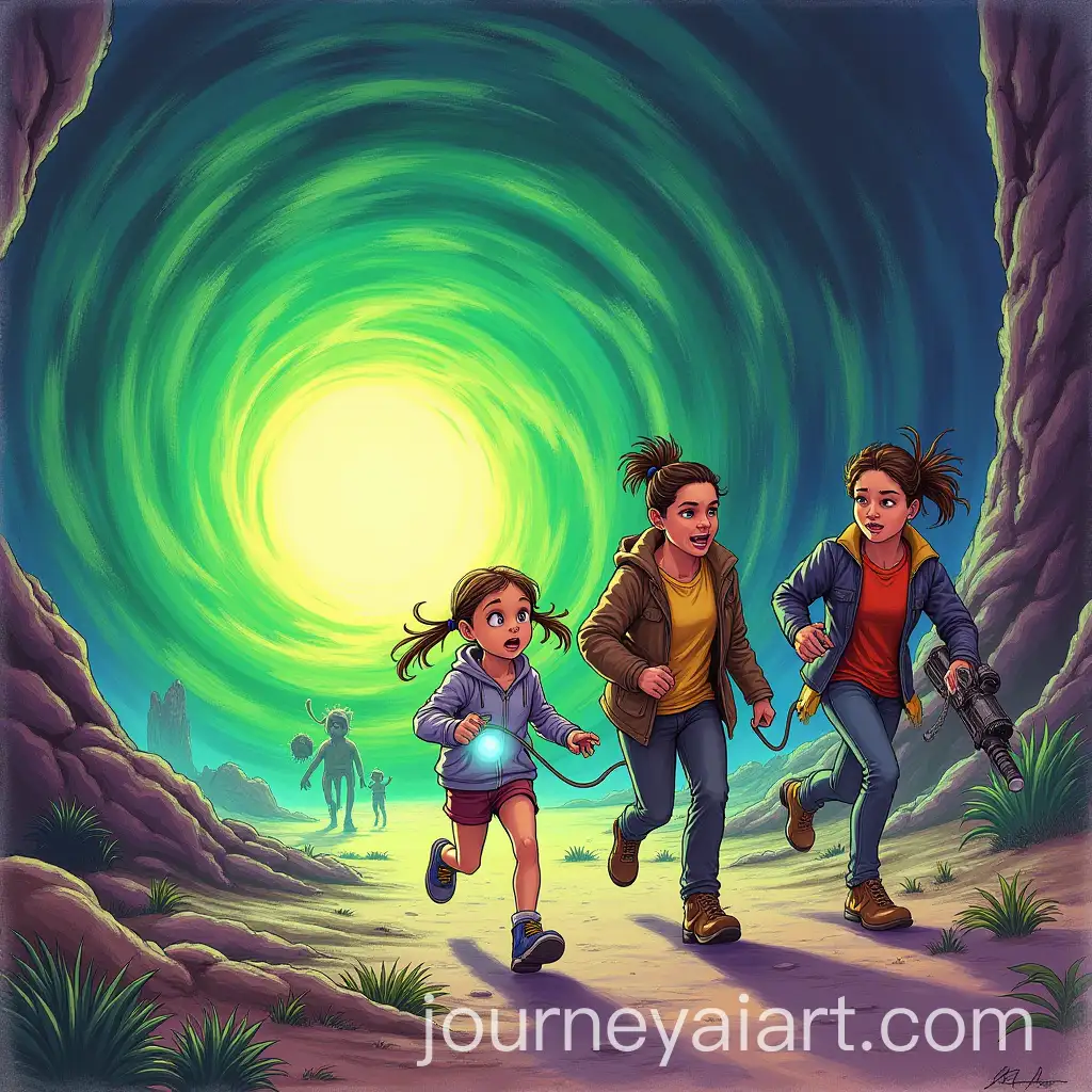 Family-Running-from-Aliens-Through-a-Psychedelic-Portal