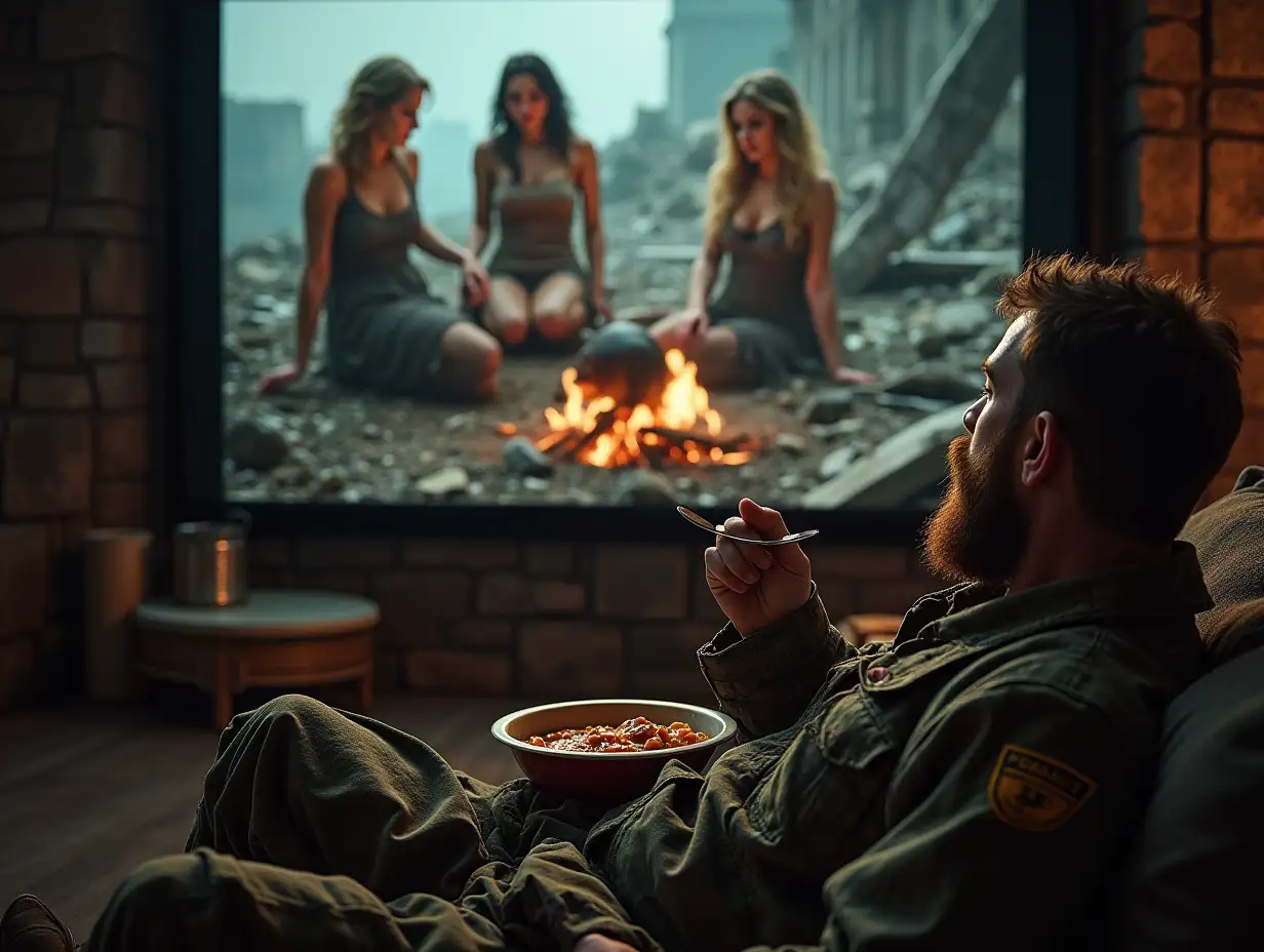 A group of three glamorous women in rags, disheveled, are roasting a rat on a fire among ruins at the top. At the bottom, a bearded man in camouflage in a bunker, sitting on a sofa, watches this scene on a monitor screen with interest, eating canned stew with a spoon.