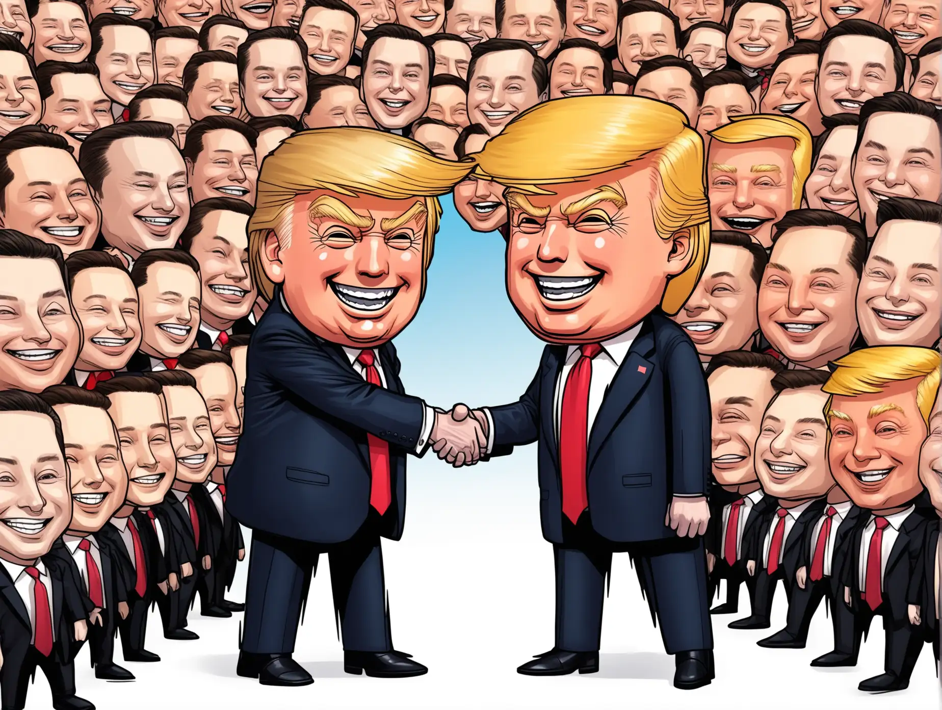 Generate a cartoon image, of Trump and Musk's big-head dolls laughing and shaking hands