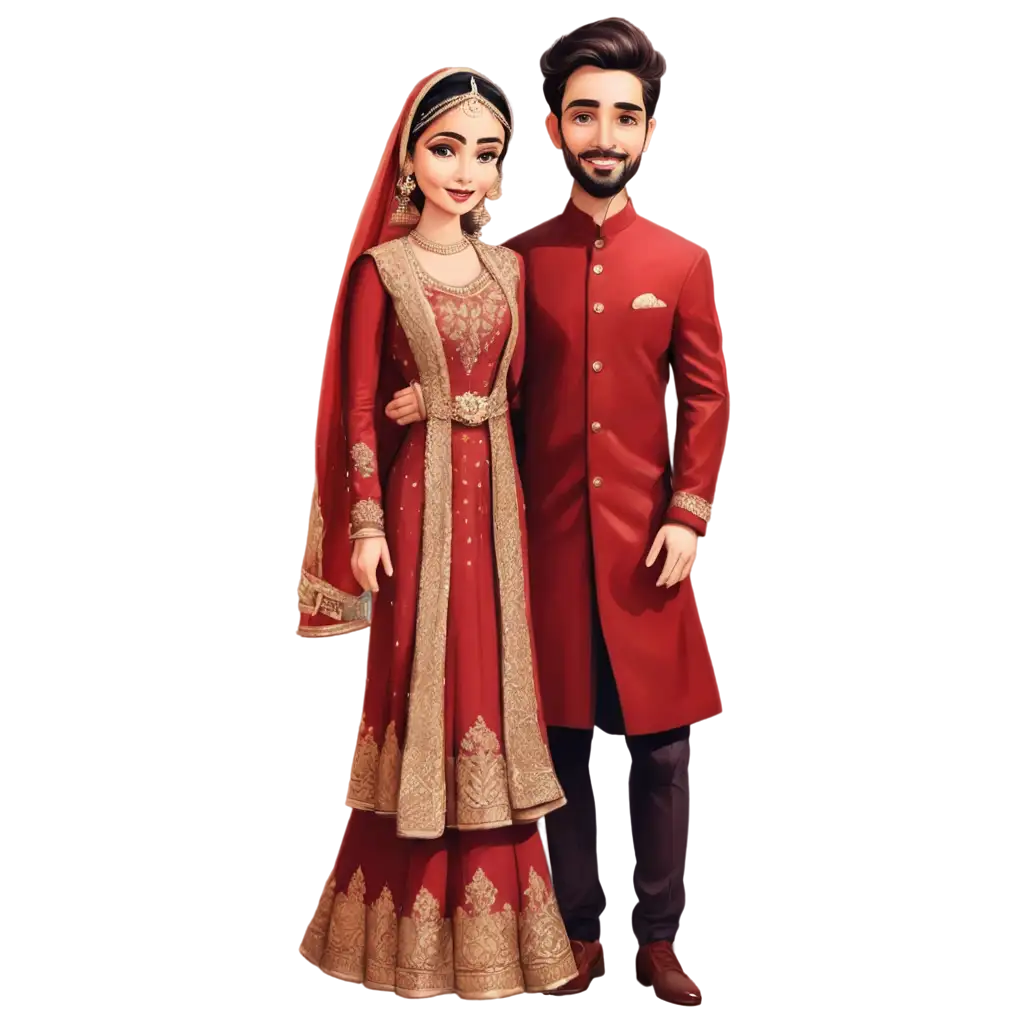 Caricature-PNG-Image-of-Groom-in-Red-Sherwani-and-Bride-in-Maroon-Lehenga-Gown-Perfect-for-Wedding-Celebrations