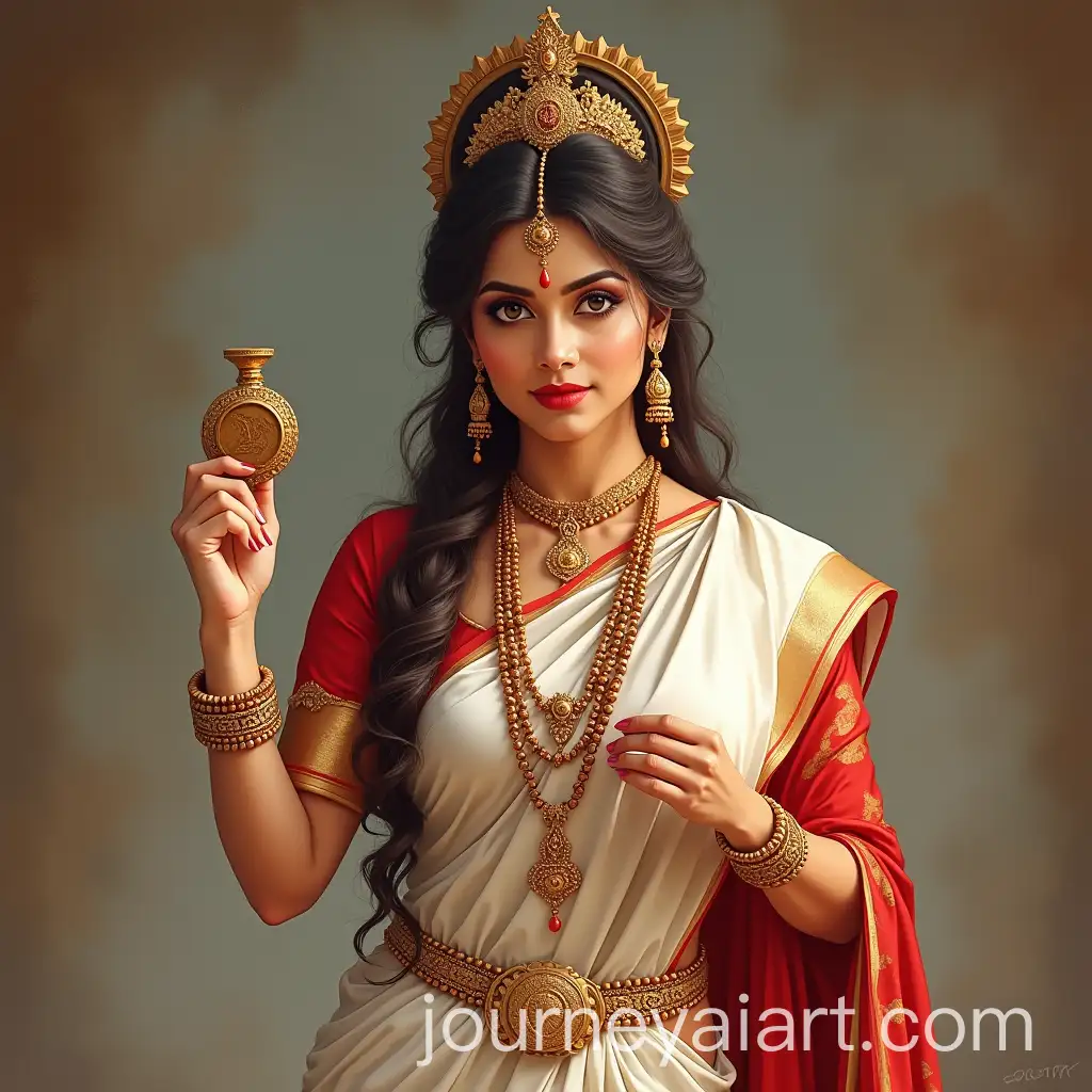 Indian-Goddess-Bramacharini-in-White-and-Red-Saree-Holding-Kamon-Duluth-and-Rudrakhsha-Mala
