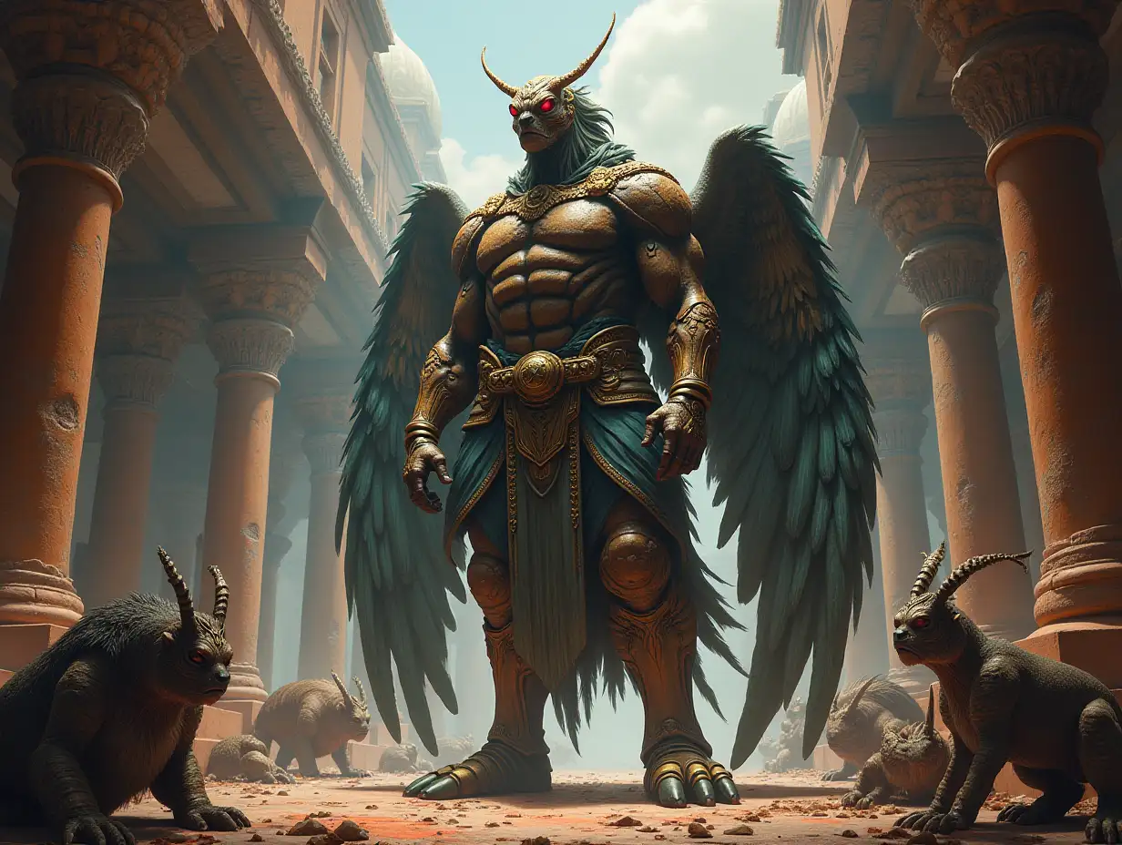 user_prompt: Ultradetailed hyperrealistic portrait of a giant titan with an ant head, full-body feathers in a temple with various strange creatures with intricately detailed, colorful