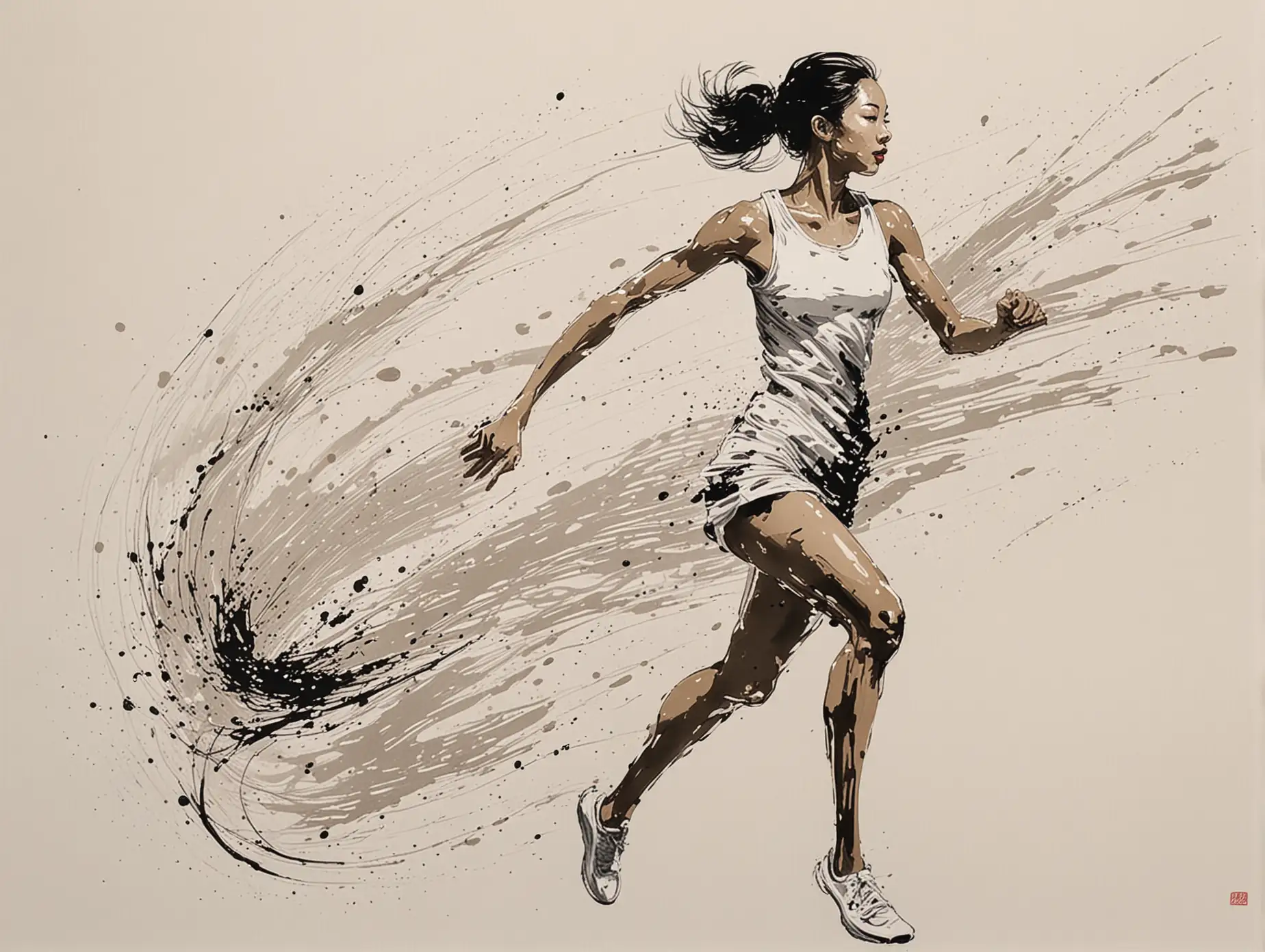 Energetic-Solo-Running-Woman-in-Wu-Guanzhong-Style-Abstract-Painting