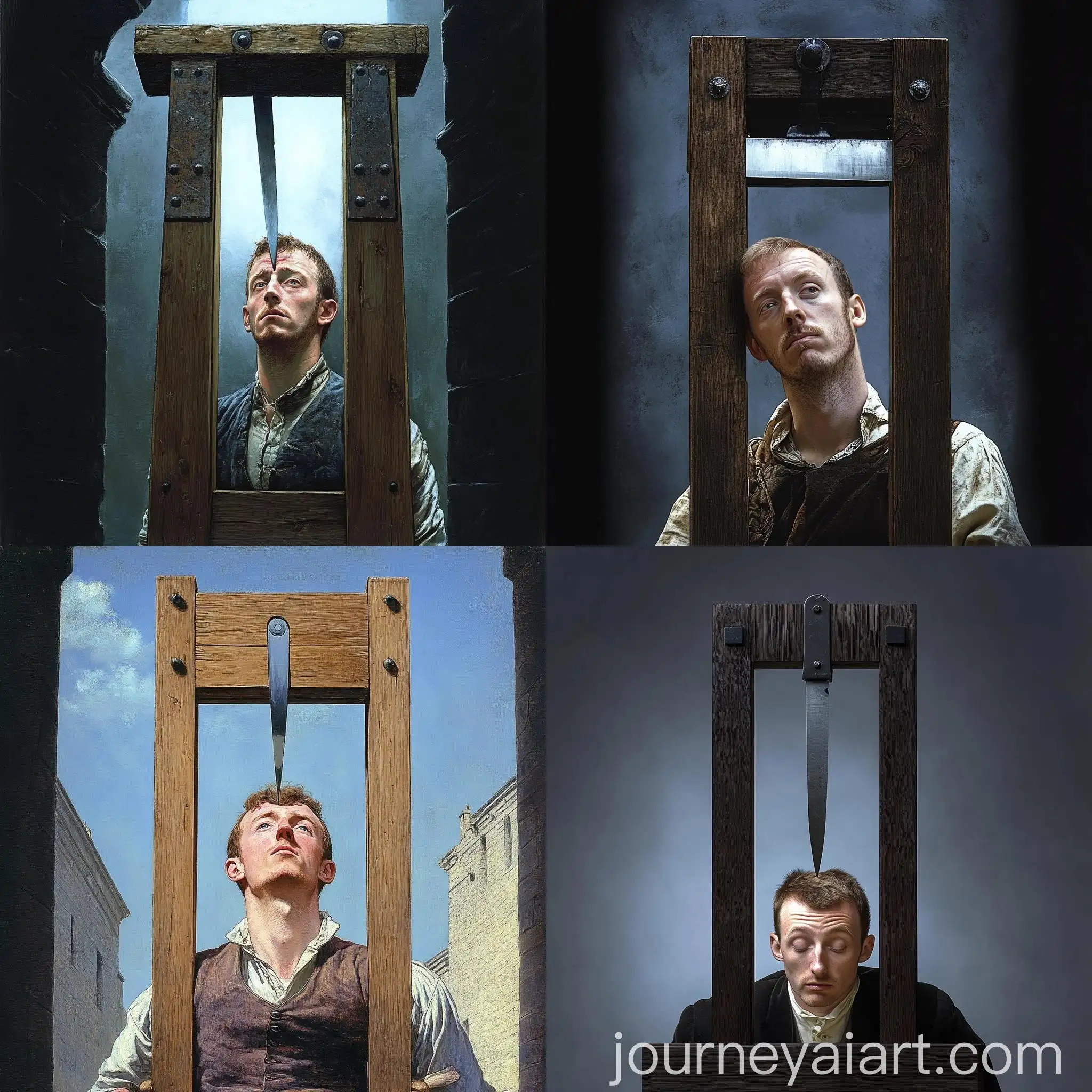 Man-Inserting-Head-Through-Guillotine-with-Blade-Above-Neck