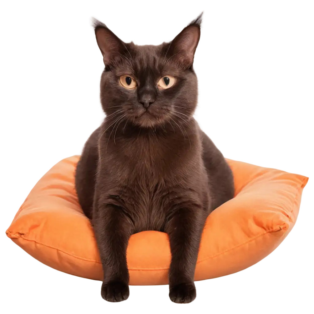 Smiling-Cat-Sitting-on-Orange-Pillow-PNG-Image-Cute-Feline-Relaxing-on-Soft-Cushion