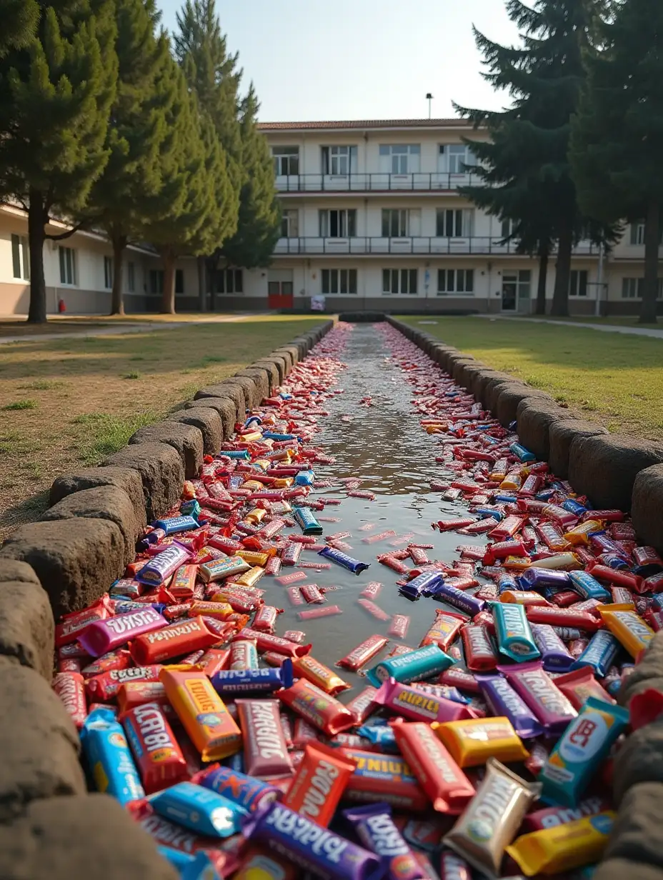 An Iranian dry pond is filled with various and colorful bars and packs of chocolates instead of water. The location is between a yard of a school. It's a long-shot.