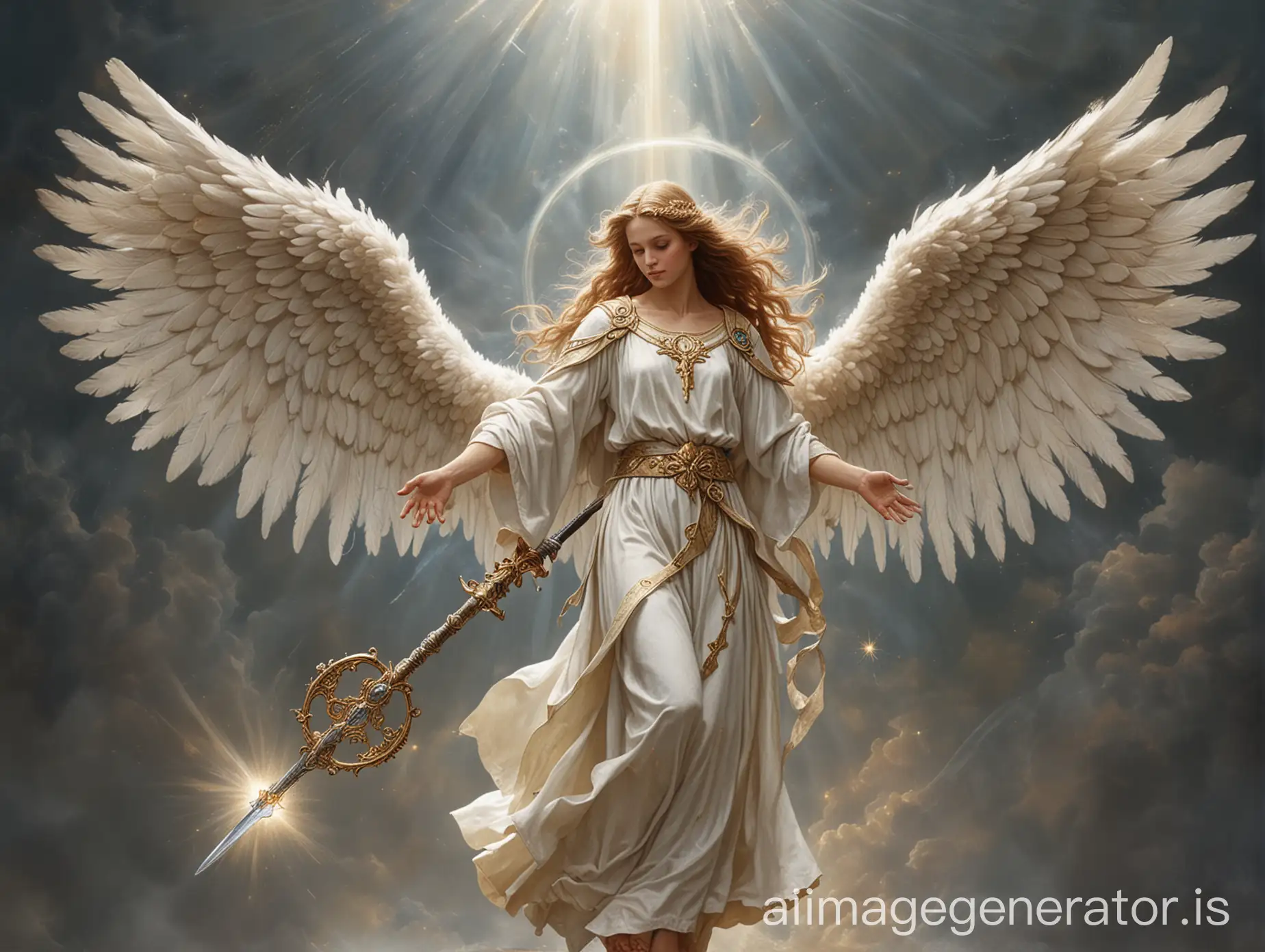 angel with clothes of god, double cerafin wings, magical circle on back, heavenly angel, sacred sword