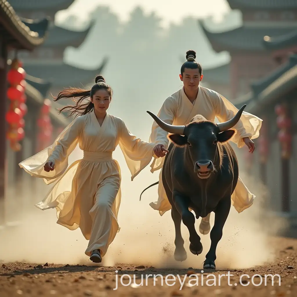 Chinese-Couple-in-Hanfu-Running-from-Raging-Bull-in-Village-Setting