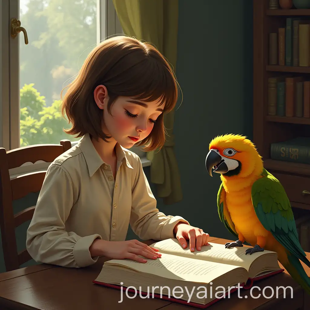 Girl-Reading-a-Book-with-Her-Parrot-Sitting-Beside-Her