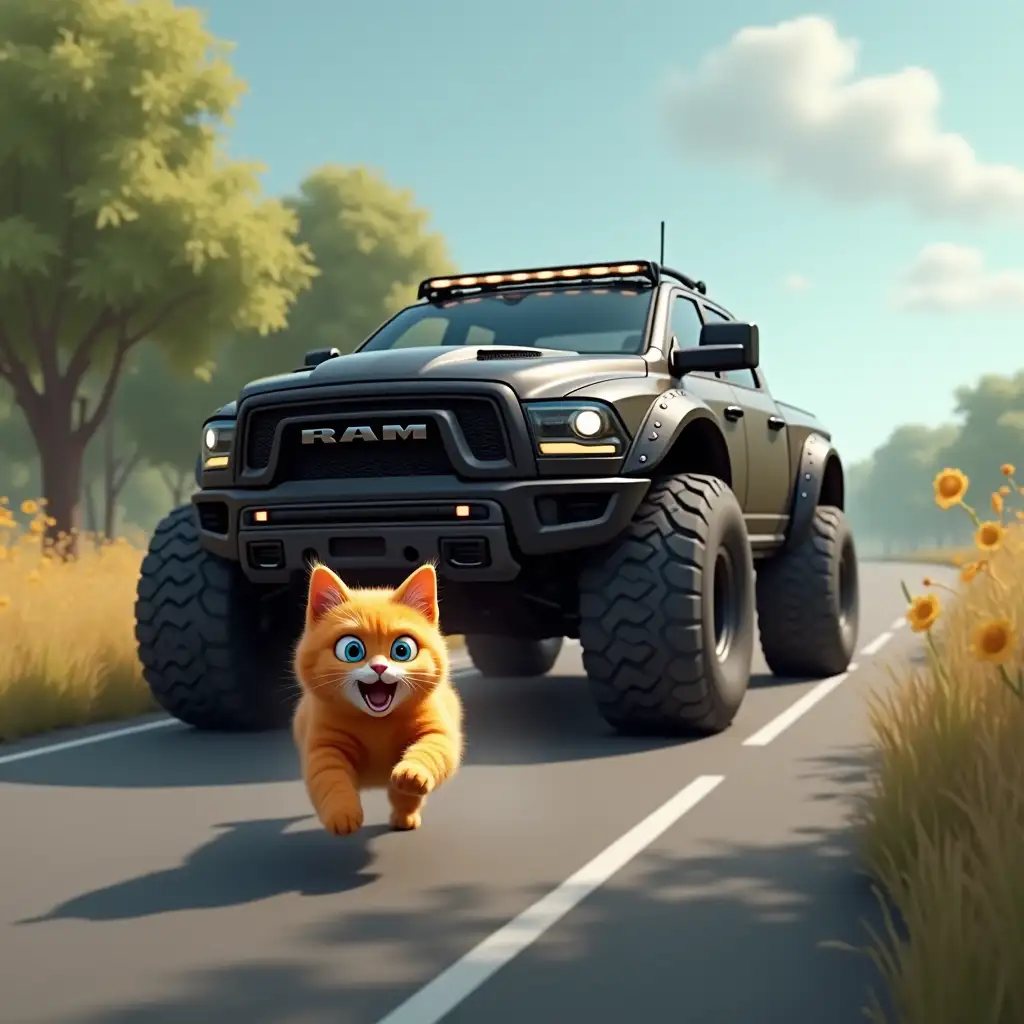 A big black RAM TRX car is chasing a shaggy ginger cat, who runs away in fear along the road, one eye blue, the other yellow, computer graphics