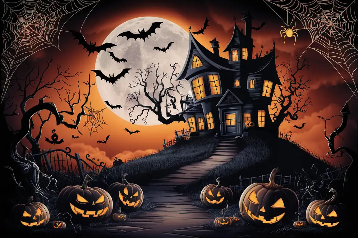 Generate a Halloween-themed illustration featuring a haunted house on a hill with illuminated windows. The scene is set against a large, glowing full moon that dominates the orange and black sky. Silhouetted elements include a twisted tree, bats flying around, a spider on its web, and carved pumpkins with eerie expressions. Add subtle creative touches like more intricate spider webs and extra bats for a slightly enhanced spooky atmosphere.